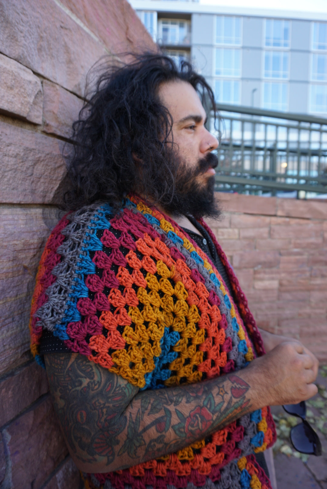 Hand Crocheted Extra Long Hexagon Tunic Shirt with Fun Muscle-T Sleeves Saturated Rainbow