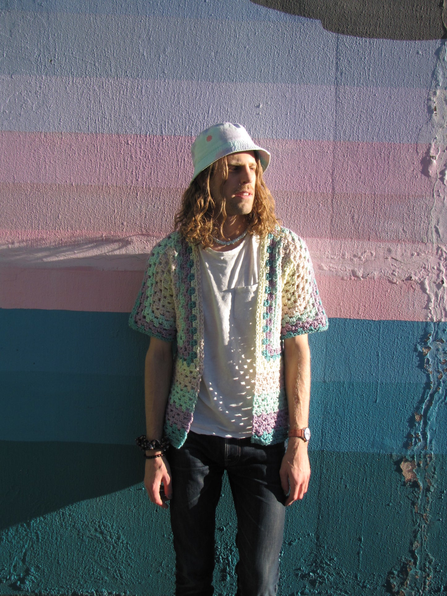 Hand Crocheted Soft Cozy Coastal 90's Extra Long Hexagon Tunic Shirt with Fun Elbow Sleeves