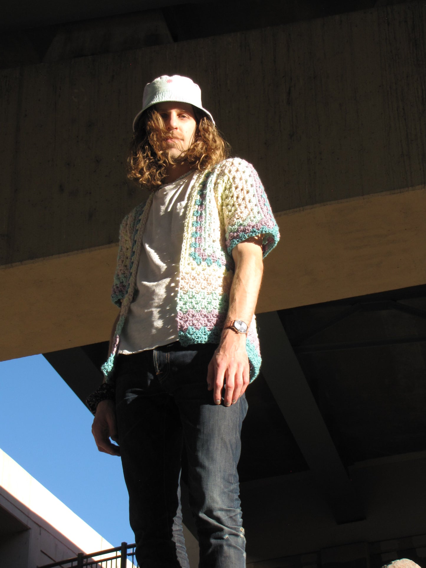 Hand Crocheted Soft Cozy Coastal 90's Extra Long Hexagon Tunic Shirt with Fun Elbow Sleeves