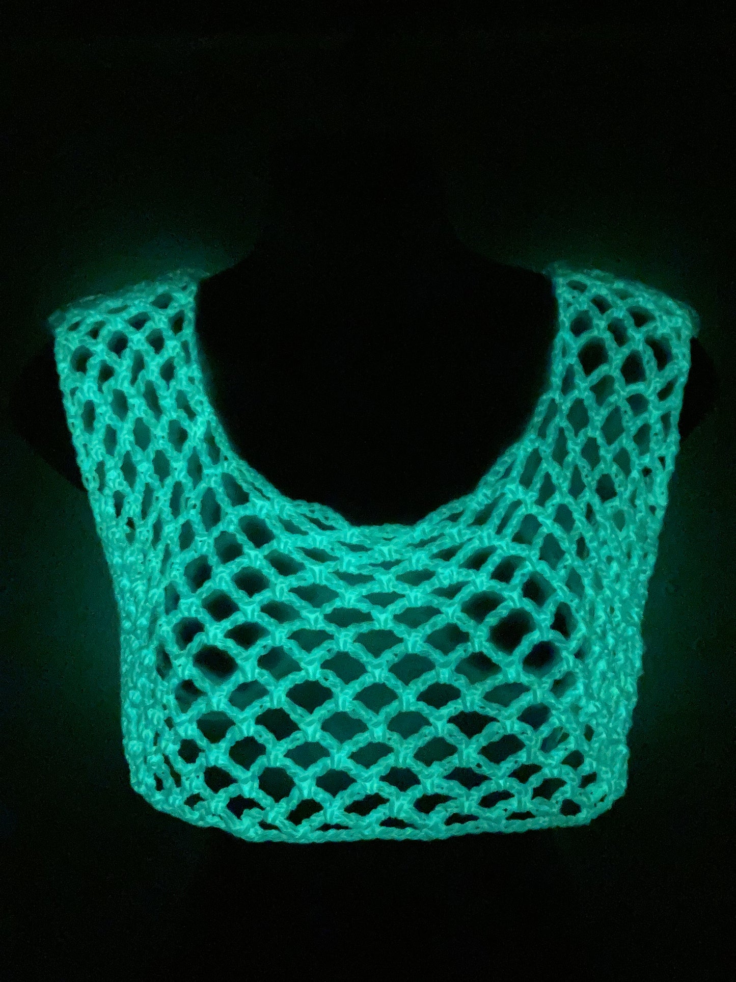 Hand Crocheted GLOW IN THE DARK Super Cropped Mesh Tank Top