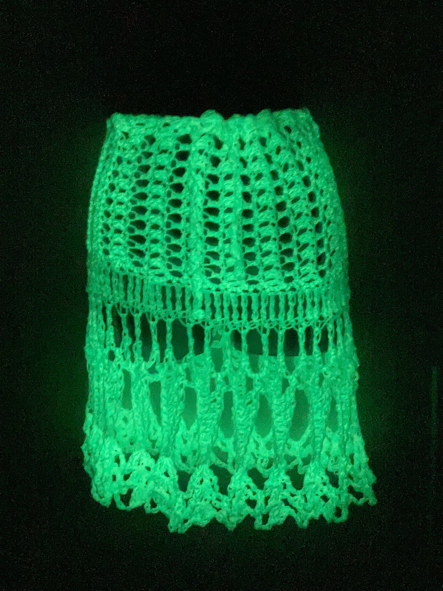 Hand Crocheted GLOW IN THE DARK Special Lace Pattern With Ribbed Waist Flared Mini Over-skirt