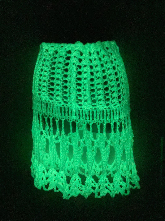 Hand Crocheted GLOW IN THE DARK Special Lace Pattern With Ribbed Waist Flared Mini Over-skirt