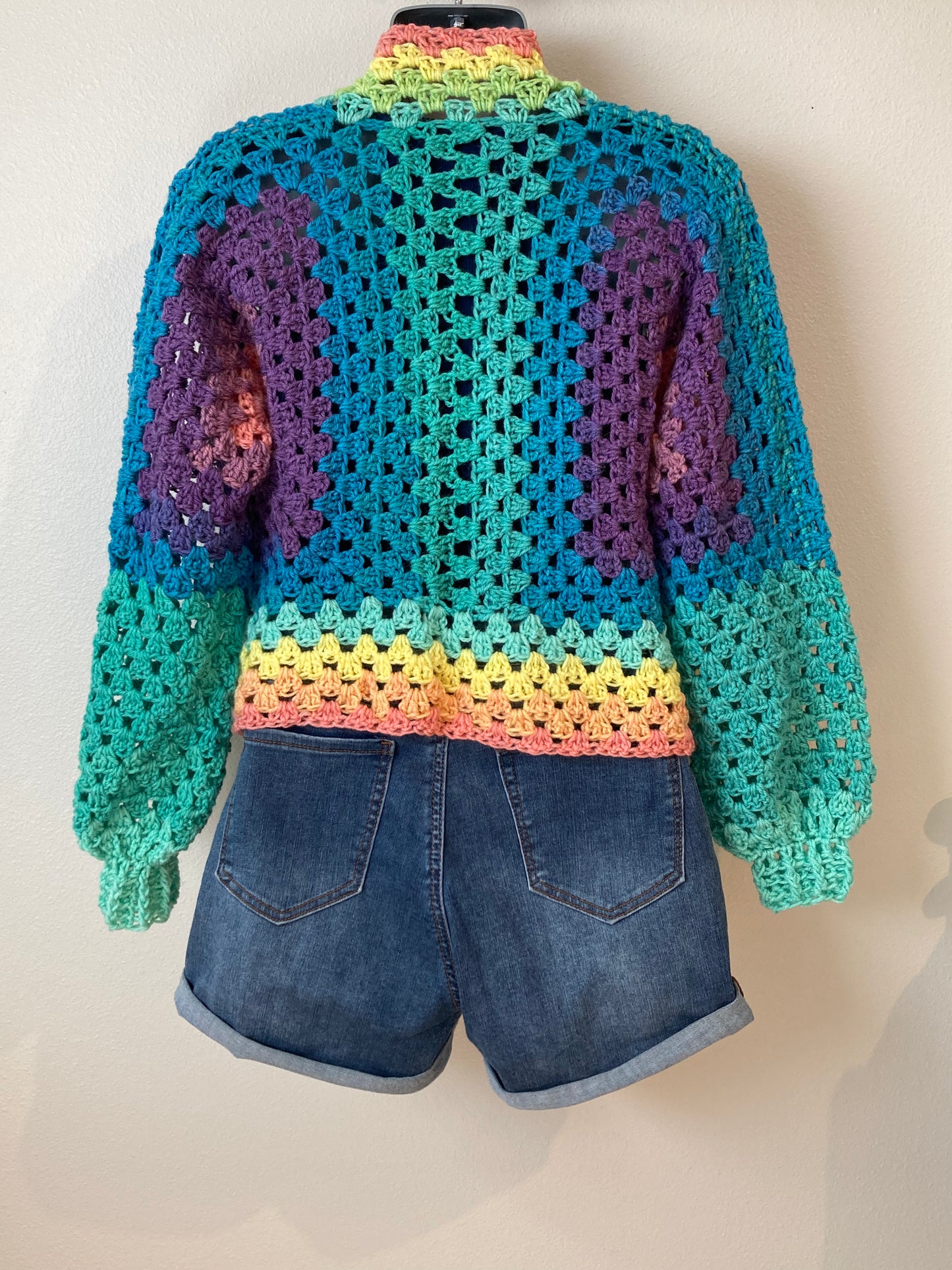 Hand Crocheted Light Bright Jewel-tone Rainbow Hexagon Cardigan