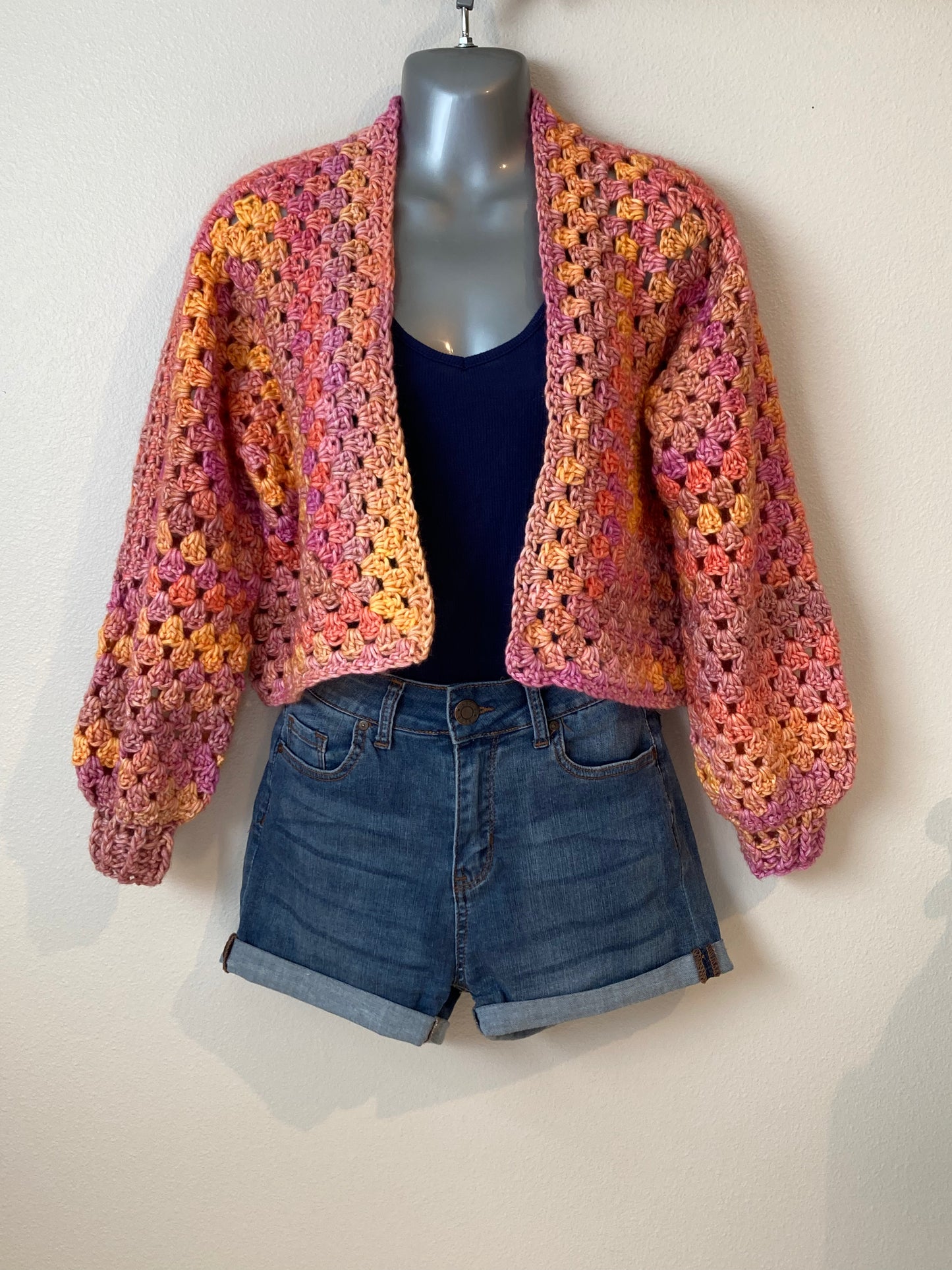 Hand Crocheted Bright Dappled Warm-tone Cropped Hexagon Cardigan