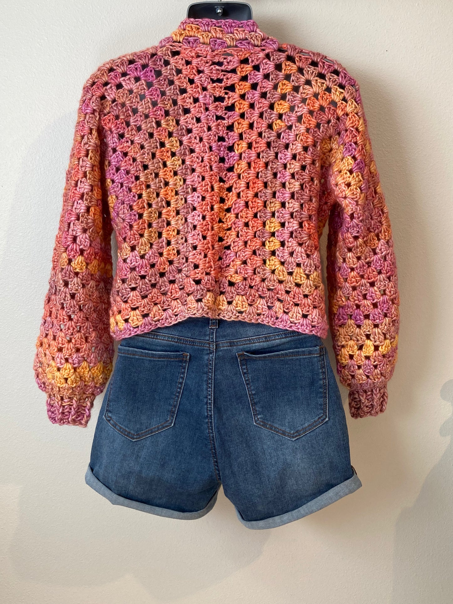 Hand Crocheted Bright Dappled Warm-tone Cropped Hexagon Cardigan