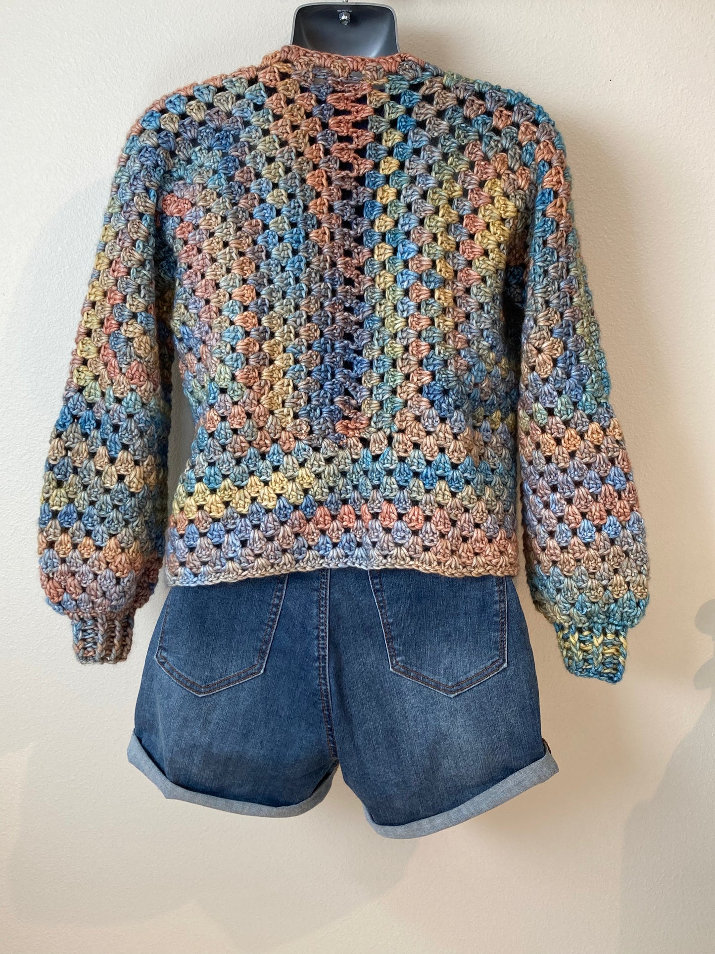 Hand Crocheted Dappled Earth-tone Watercolor Hexagon Cardigan