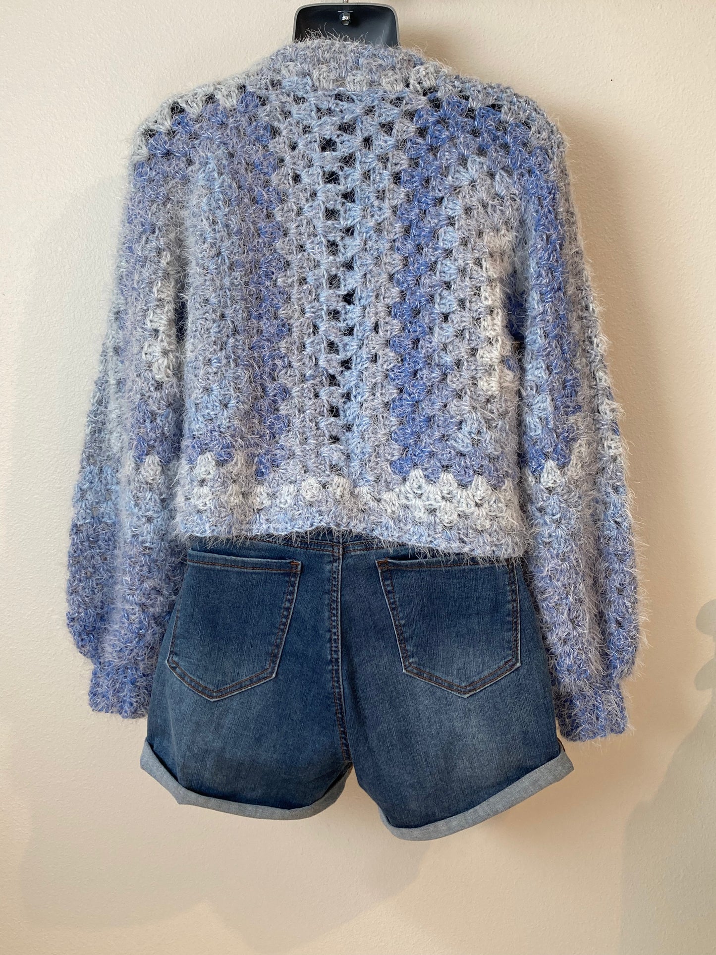 Hand Crocheted Soft Fuzzy Cool Blue Tones Hexagon Cardigan