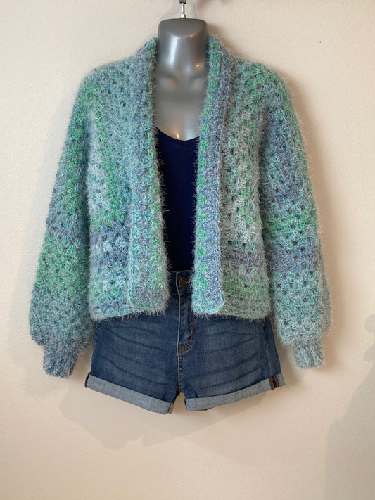 Hand Crocheted Soft Fuzzy Blue Green Jewel-tone Hexagon Cardigan