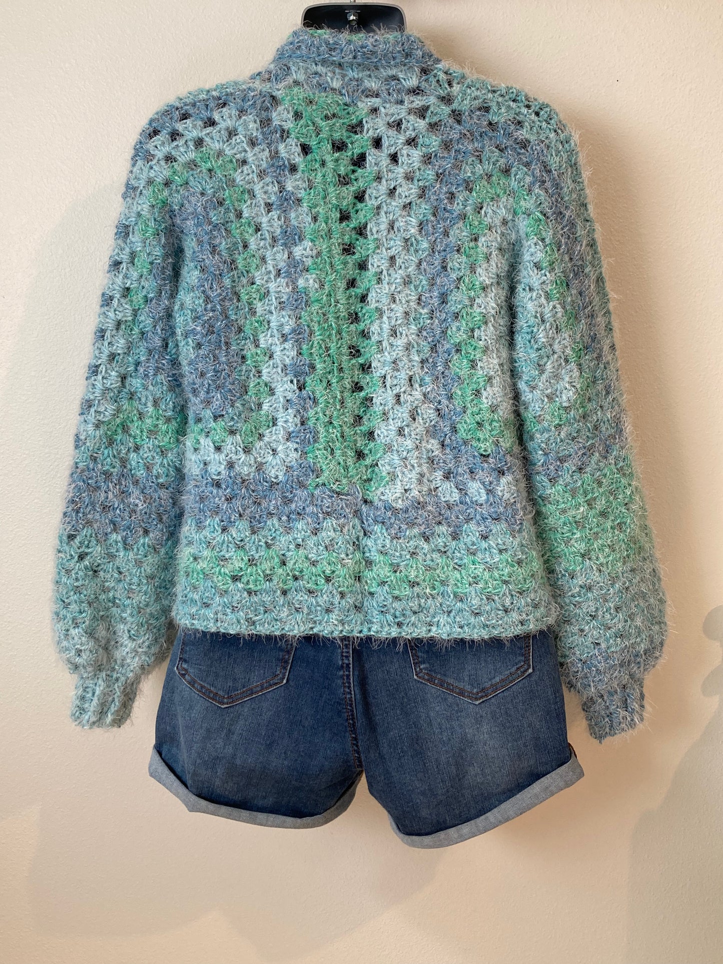Hand Crocheted Soft Fuzzy Blue Green Jewel-tone Hexagon Cardigan