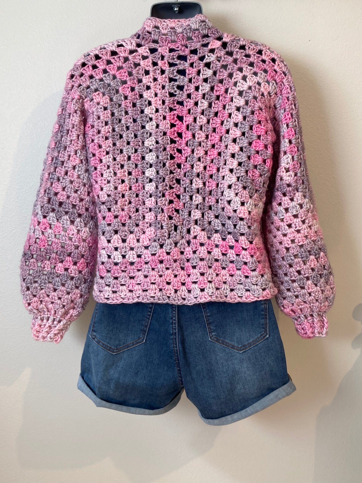 Hand Crocheted Dappled Soft Grays and Pinks Hexagon Cardigan