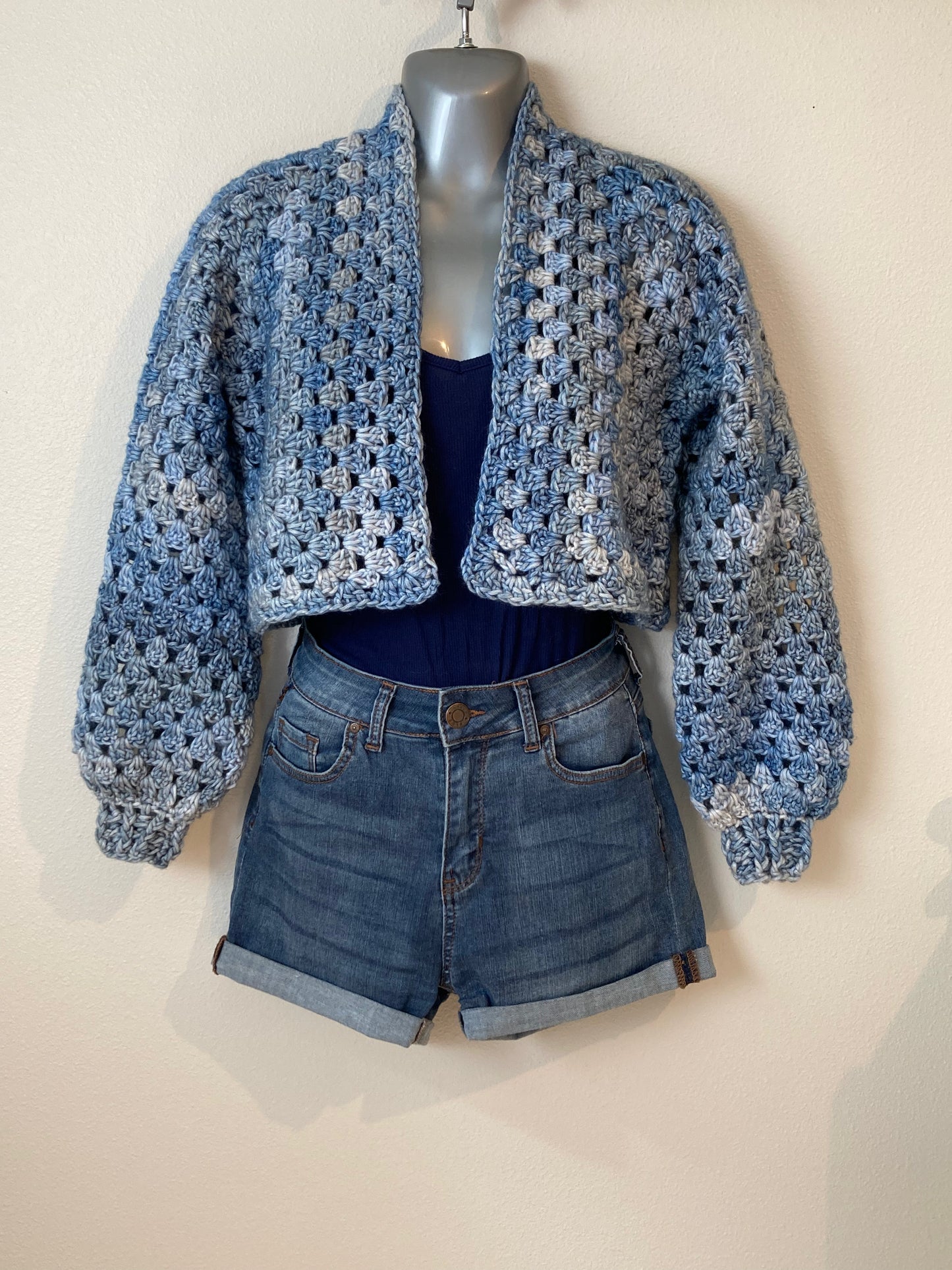 Hand Crocheted Cropped Lustrous Dappled Blues Hexagon Cardigan