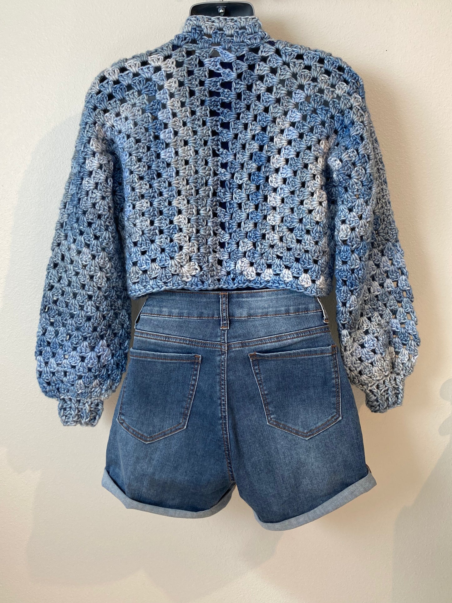 Hand Crocheted Cropped Lustrous Dappled Blues Hexagon Cardigan
