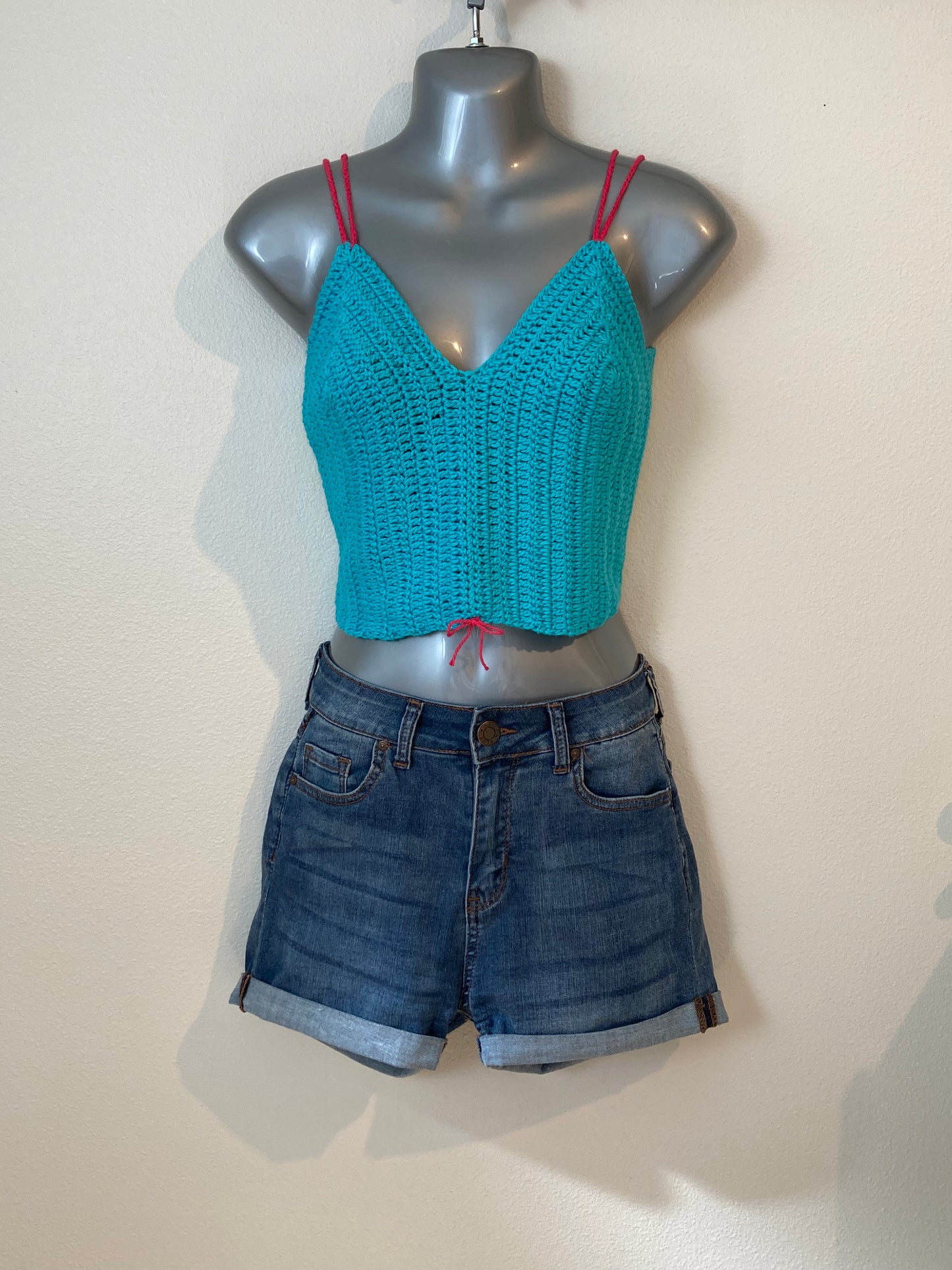 Hand Crocheted Crop Tank Top In Super Soft 100% Cotton - Turquoise Blue