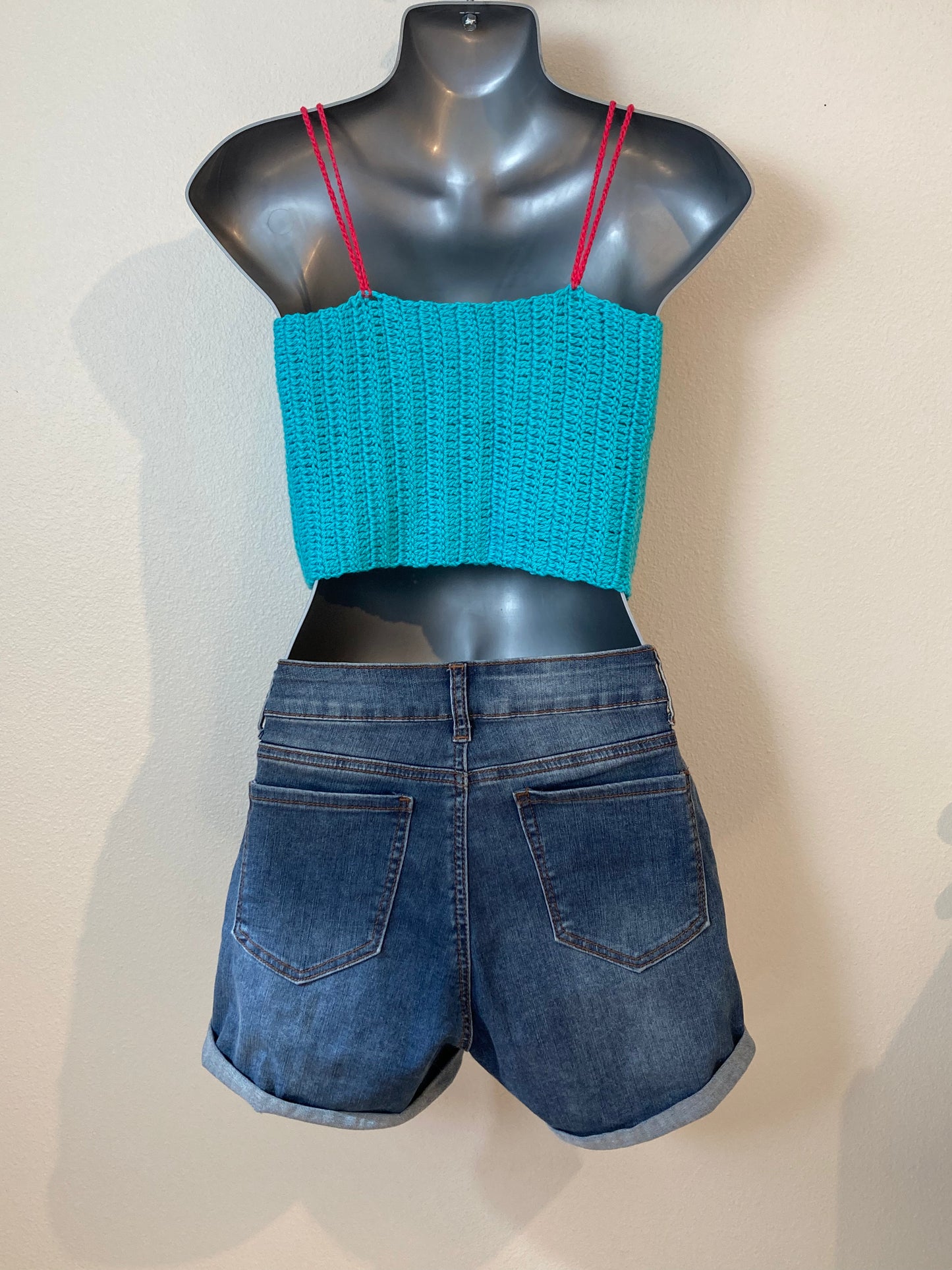 Hand Crocheted Crop Tank Top In Super Soft 100% Cotton - Turquoise Blue