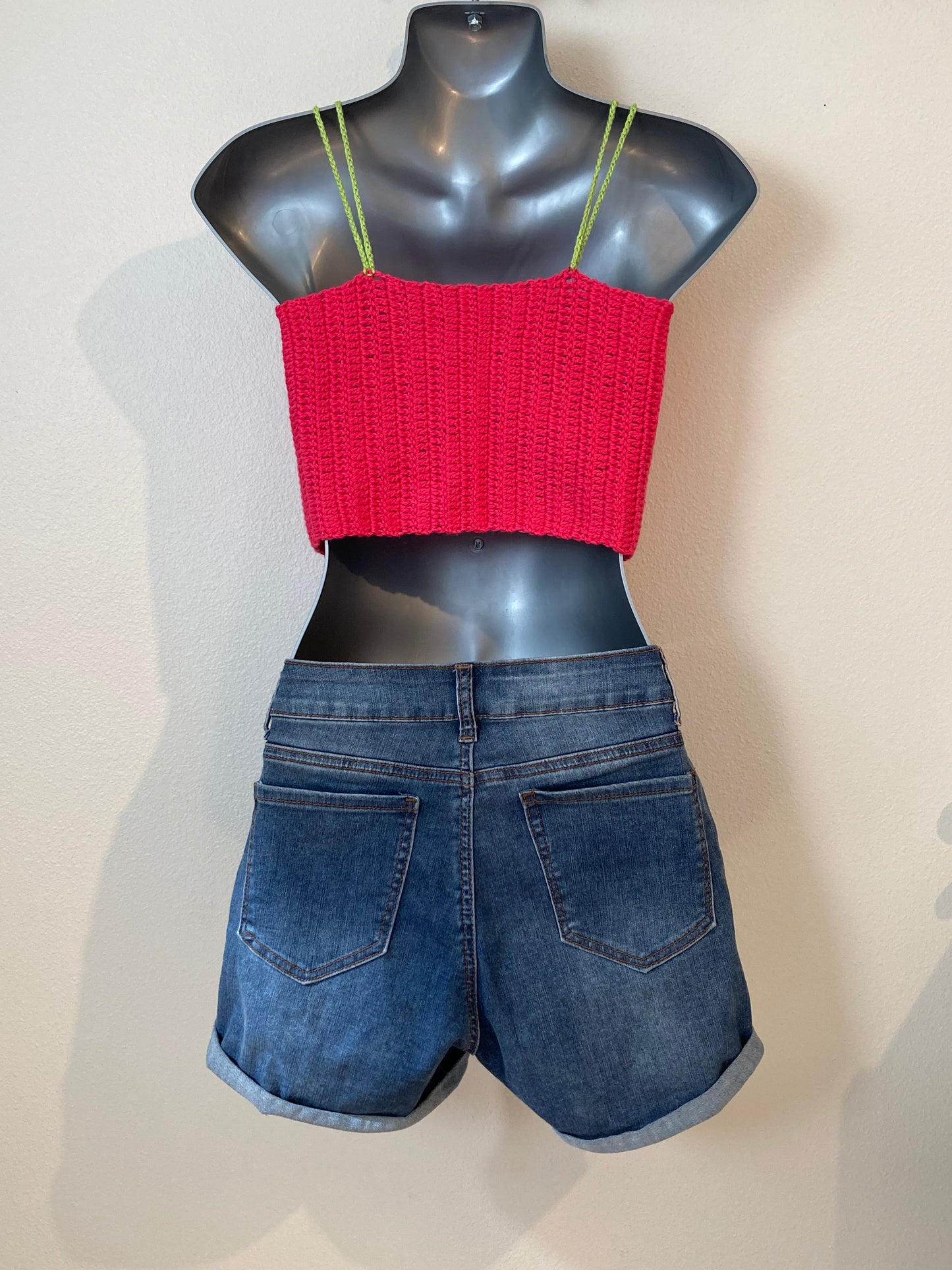 Hand Crocheted Cropped Tank Top In Super Soft 100% Cotton - Holiday Red