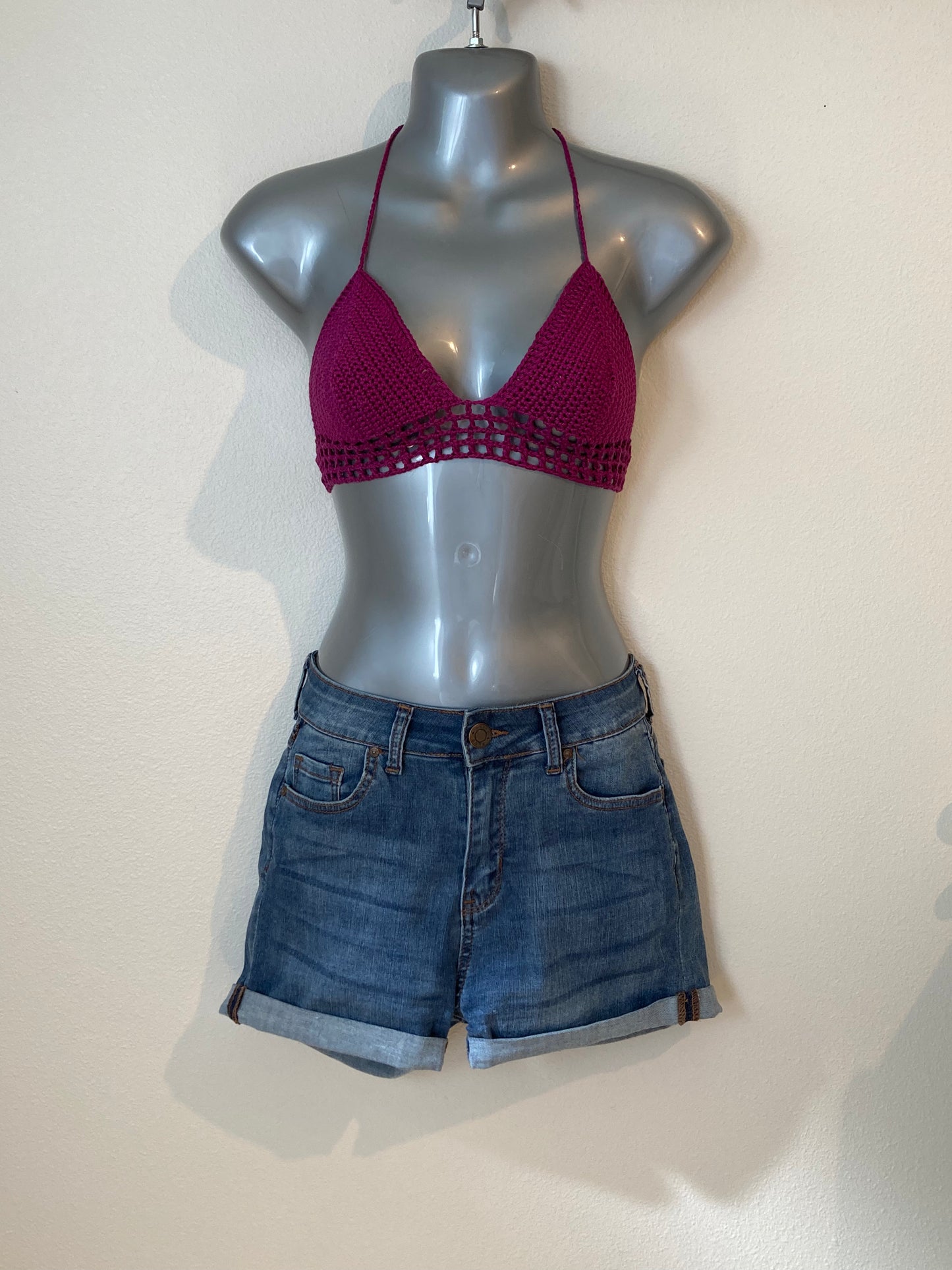 Hand Crocheted Lustrous Jewel-tone Magenta String Bikini Bralette in 100% Cotton