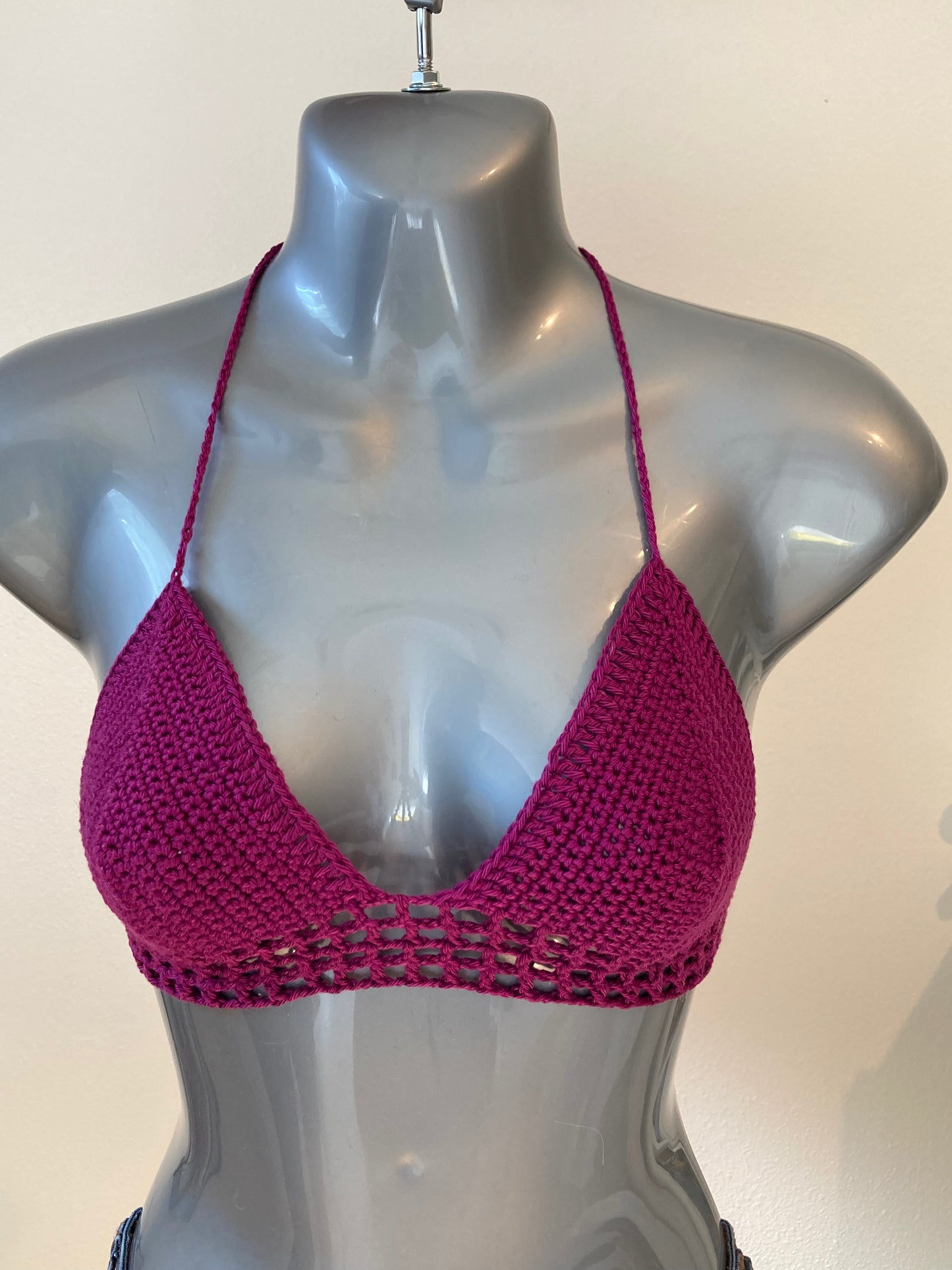 Hand Crocheted Lustrous Jewel-tone Magenta String Bikini Bralette in 100% Cotton