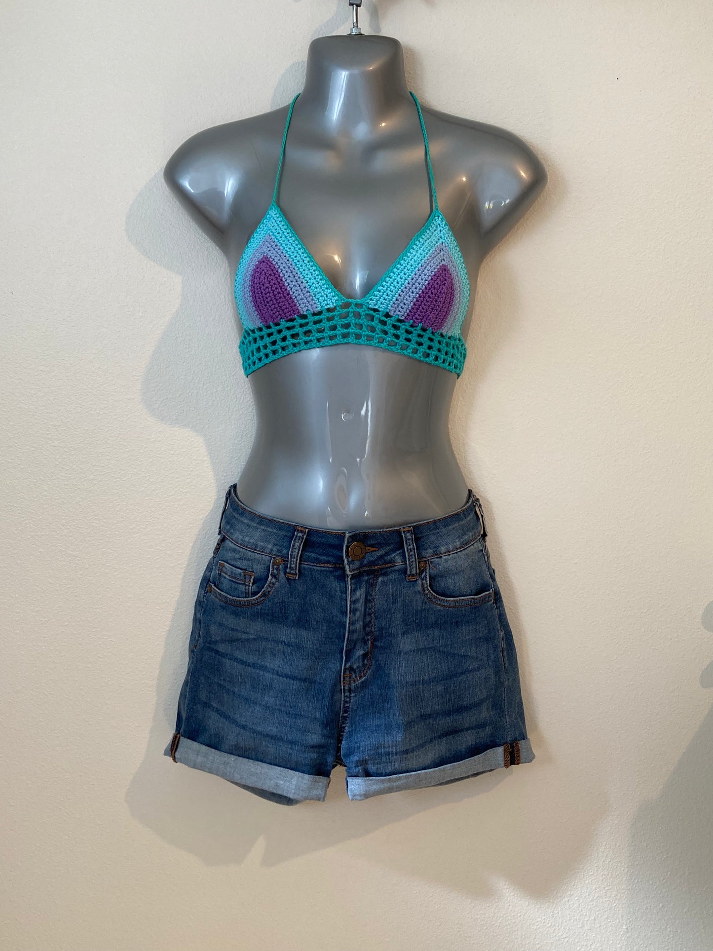 Hand Crocheted Bright Mermaid Jewel-tones String Bikini Bralette in 100% Cotton