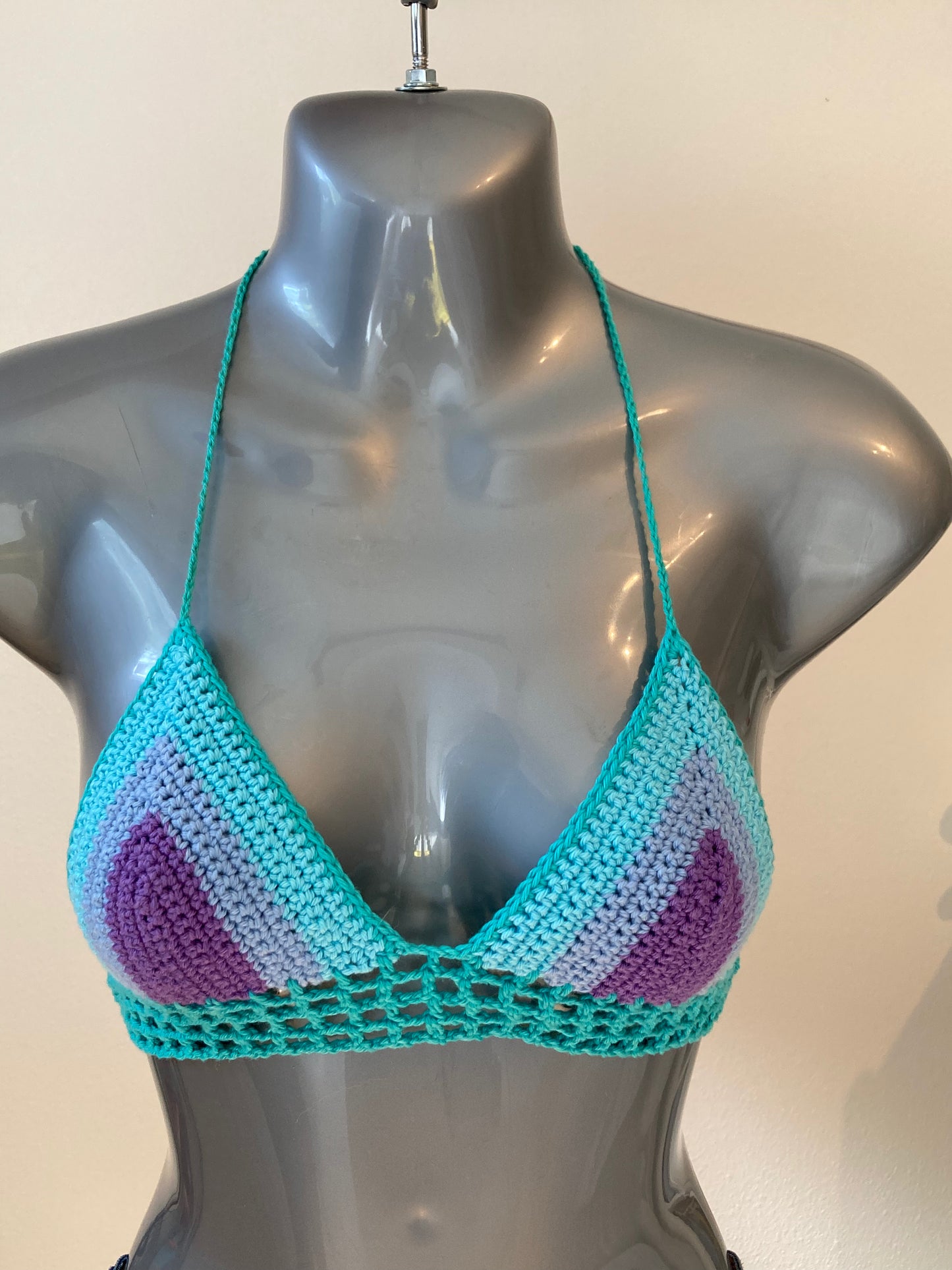 Hand Crocheted Bright Mermaid Jewel-tones String Bikini Bralette in 100% Cotton