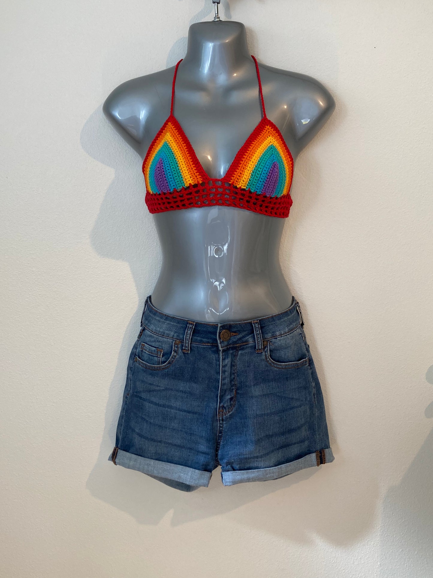 Hand Crocheted Bright Classic 70's Rich Rainbow String Bikini Bralette in 100% Cotton
