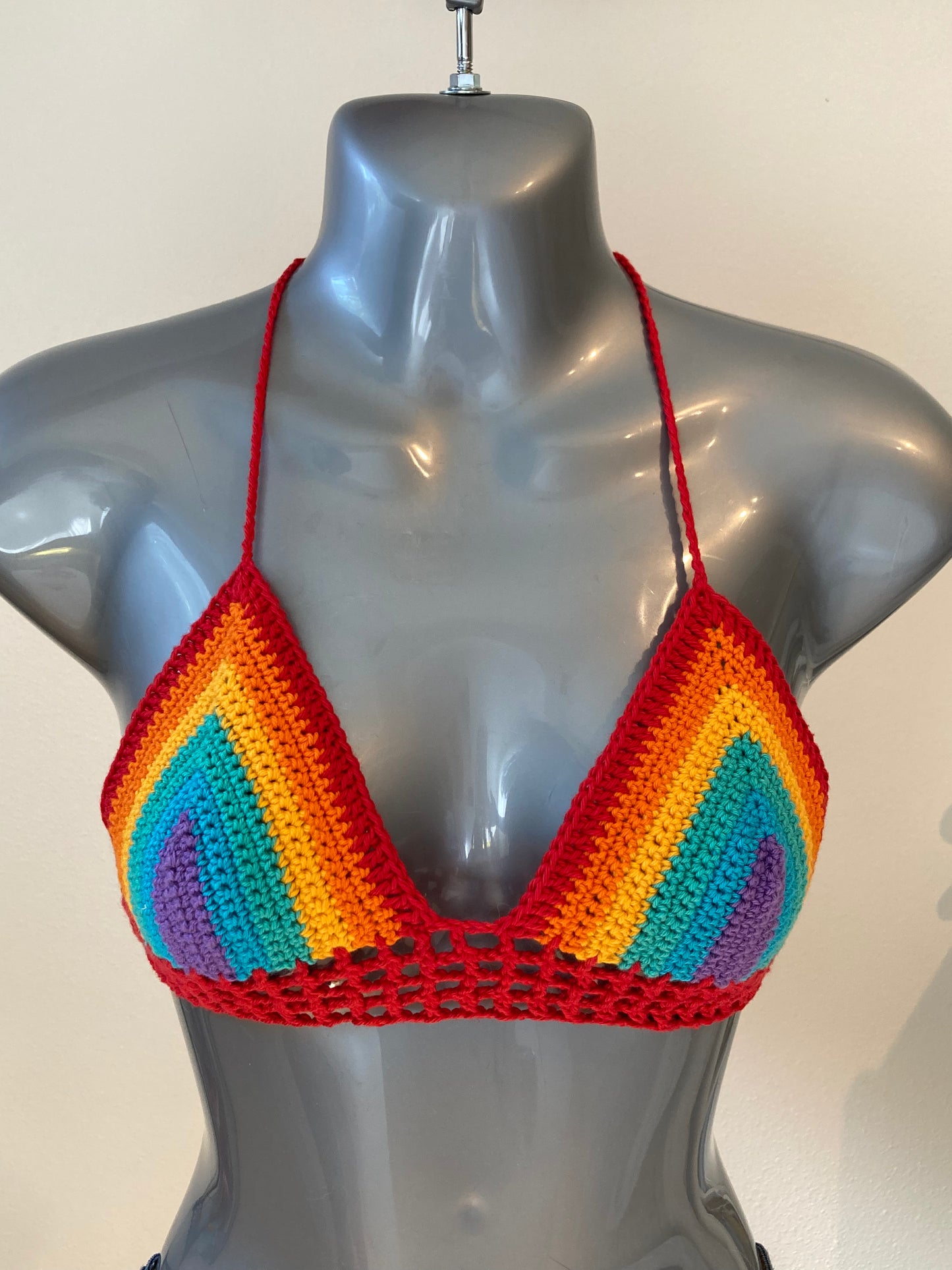 Hand Crocheted Bright Classic 70's Rich Rainbow String Bikini Bralette in 100% Cotton