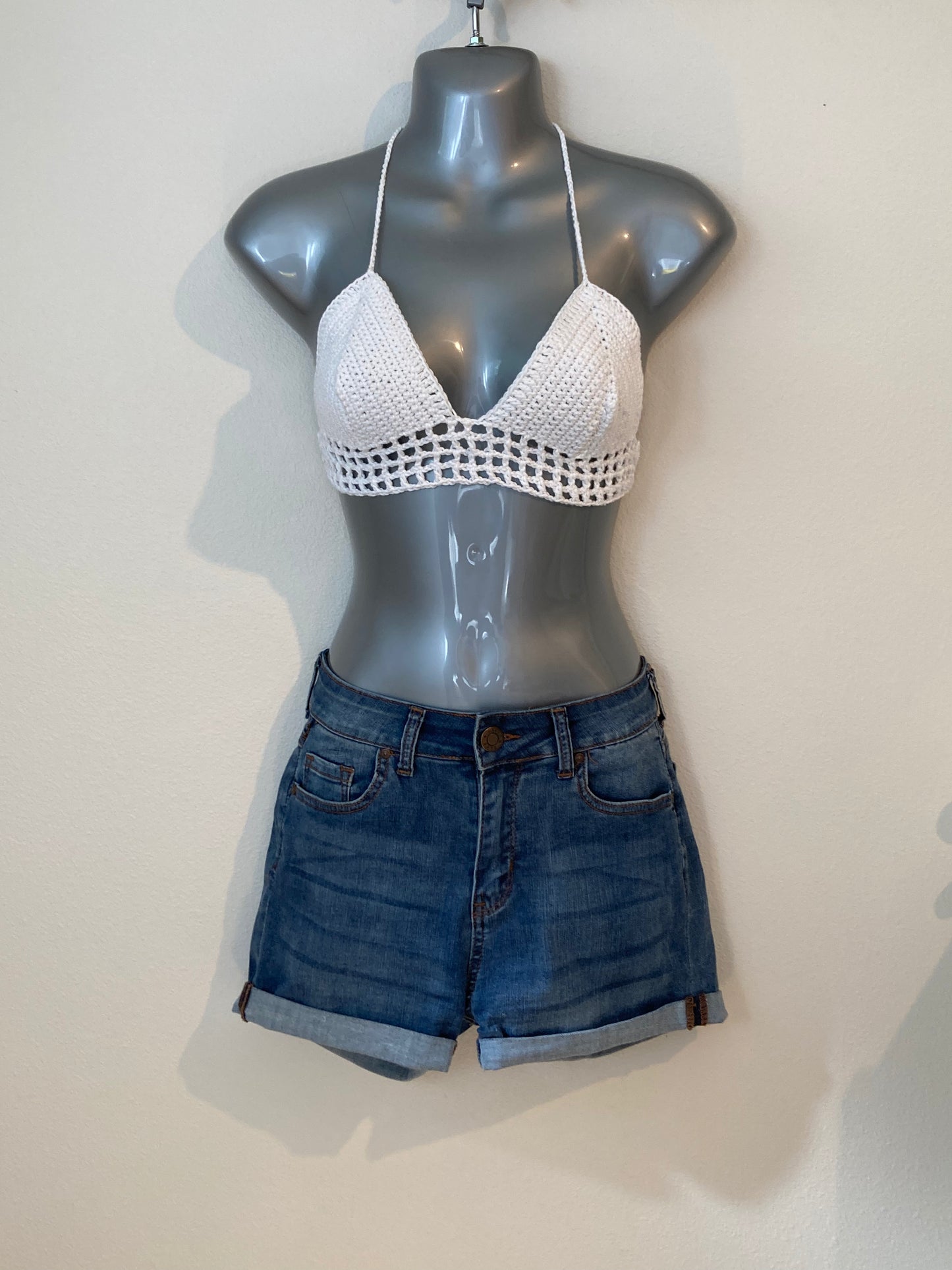 Hand Crocheted Bright White Sweet String Bikini Bralette in 100% Cotton