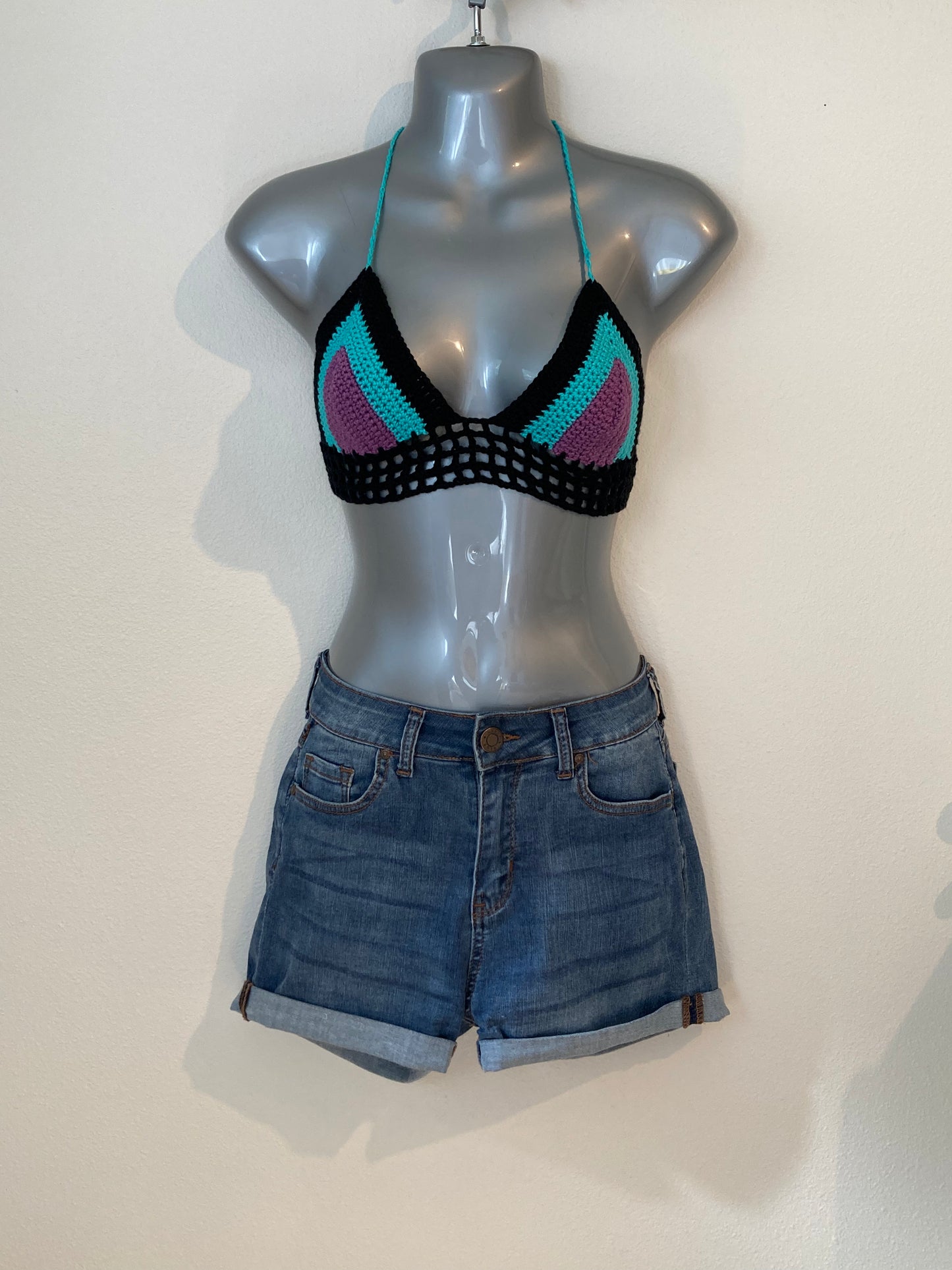 Hand Crocheted 80's Colorblock String Bikini Bralette in 100% Cotton