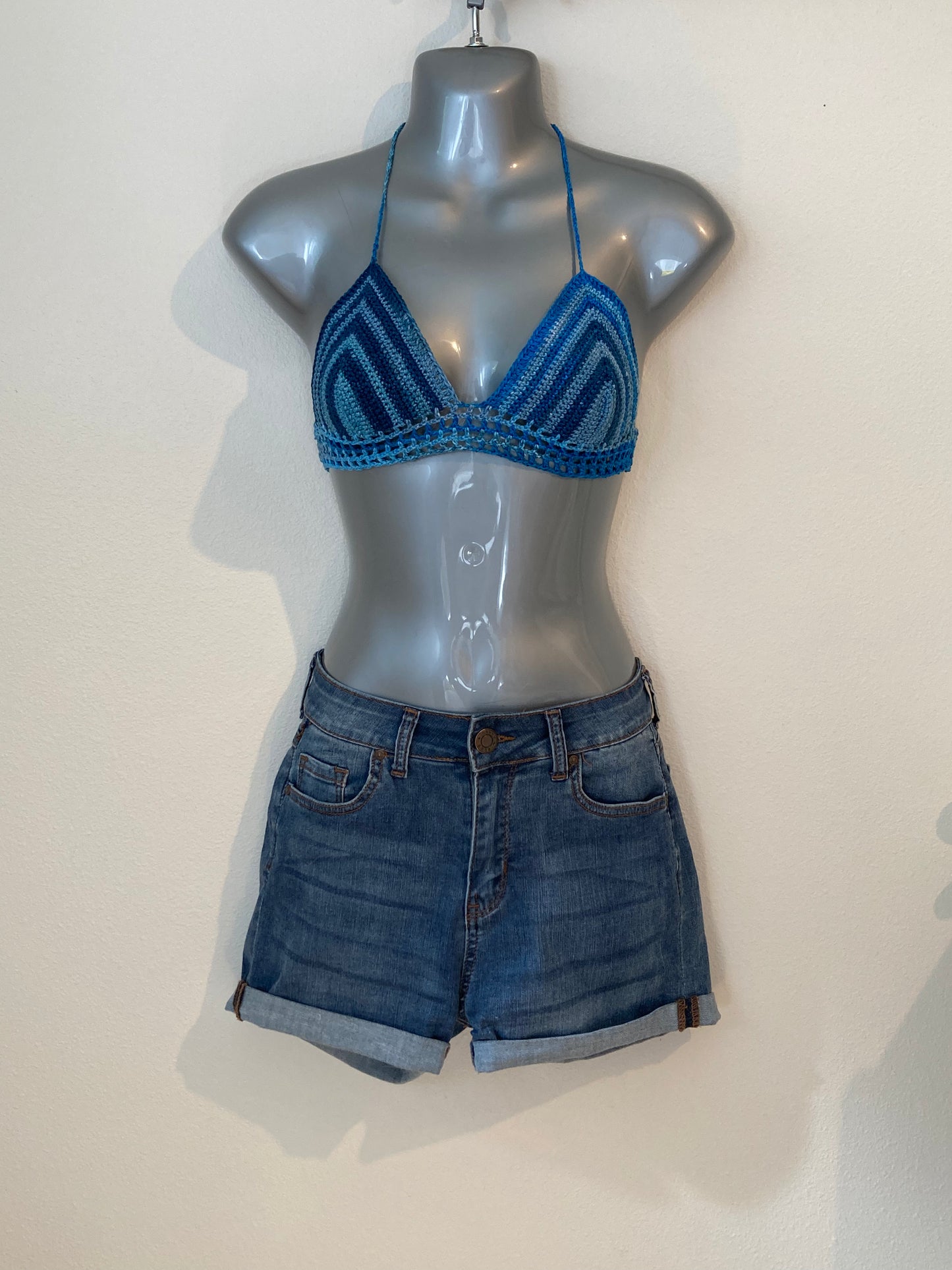 Hand Crocheted 90's Striping Denim Shades Bikini Bralette in 100% Painted Cotton