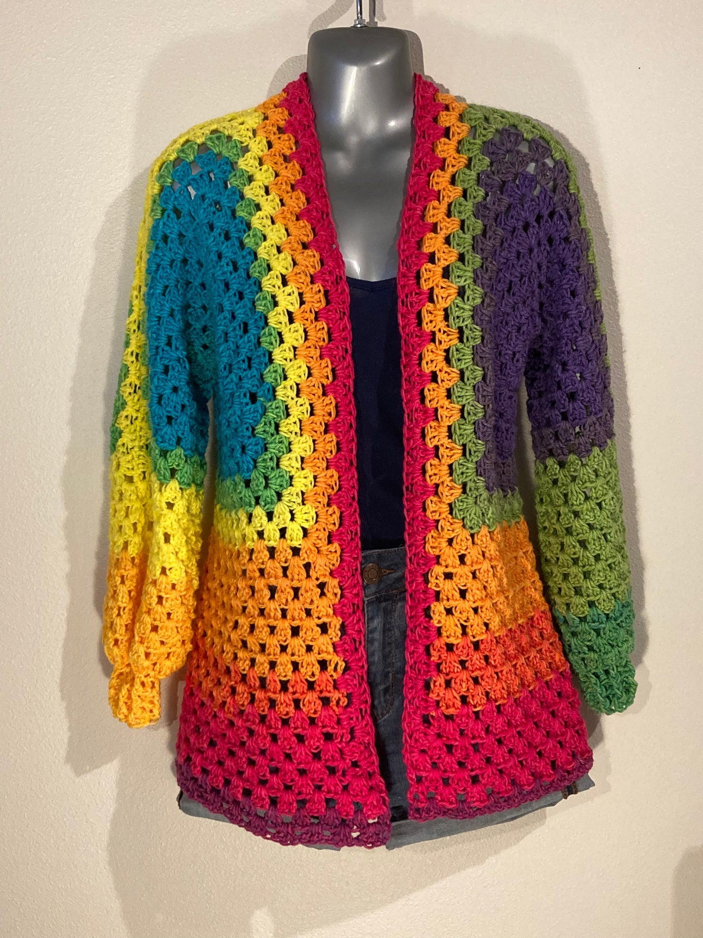 Hand Crocheted Rich Warm Rainbow Extra Long Hexagon Cardigan