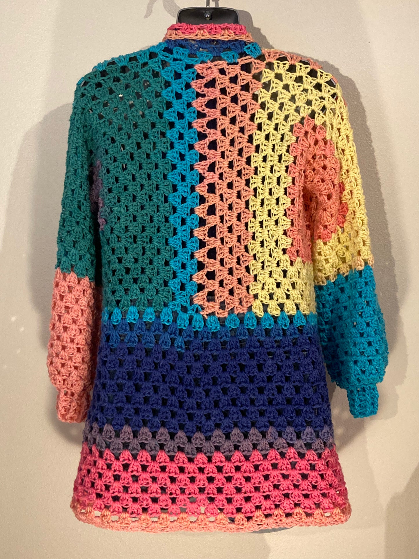 Hand Crocheted Bright Jewel Tone Rainbow Extra Long Hexagon Cardigan
