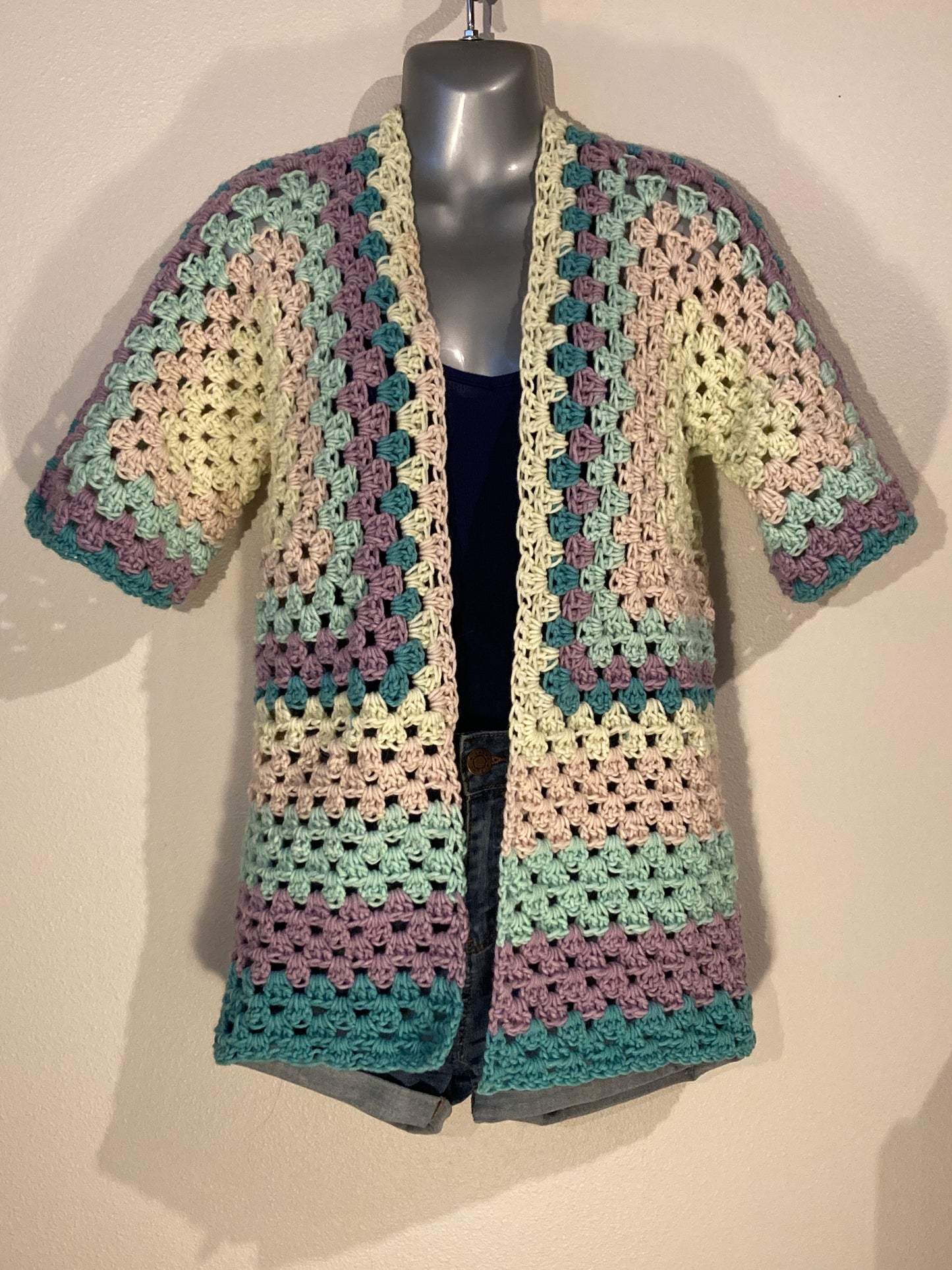Hand Crocheted Soft Cozy Coastal 90's Extra Long Hexagon Tunic Shirt with Fun Elbow Sleeves