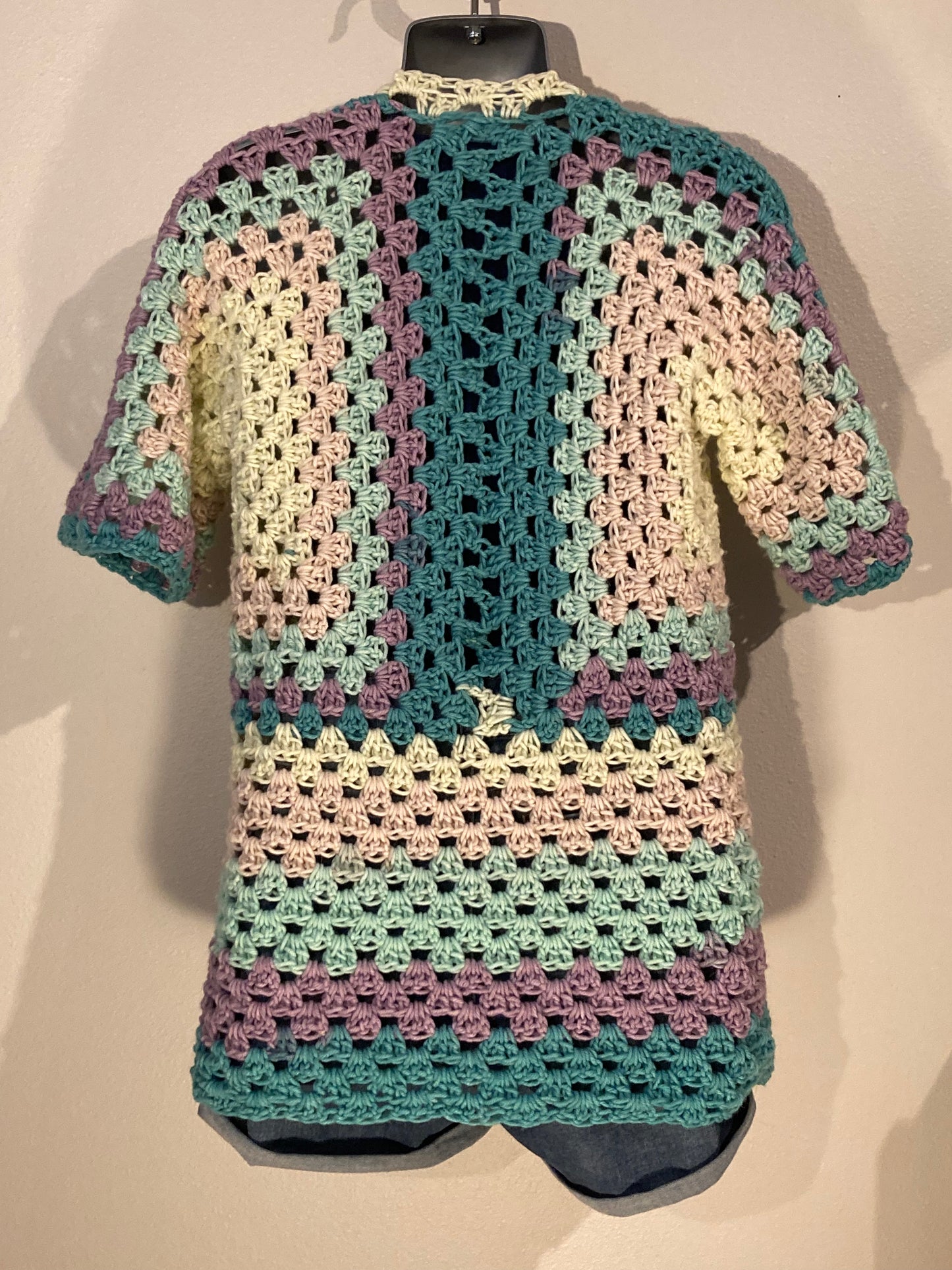 Hand Crocheted Soft Cozy Coastal 90's Extra Long Hexagon Tunic Shirt with Fun Elbow Sleeves