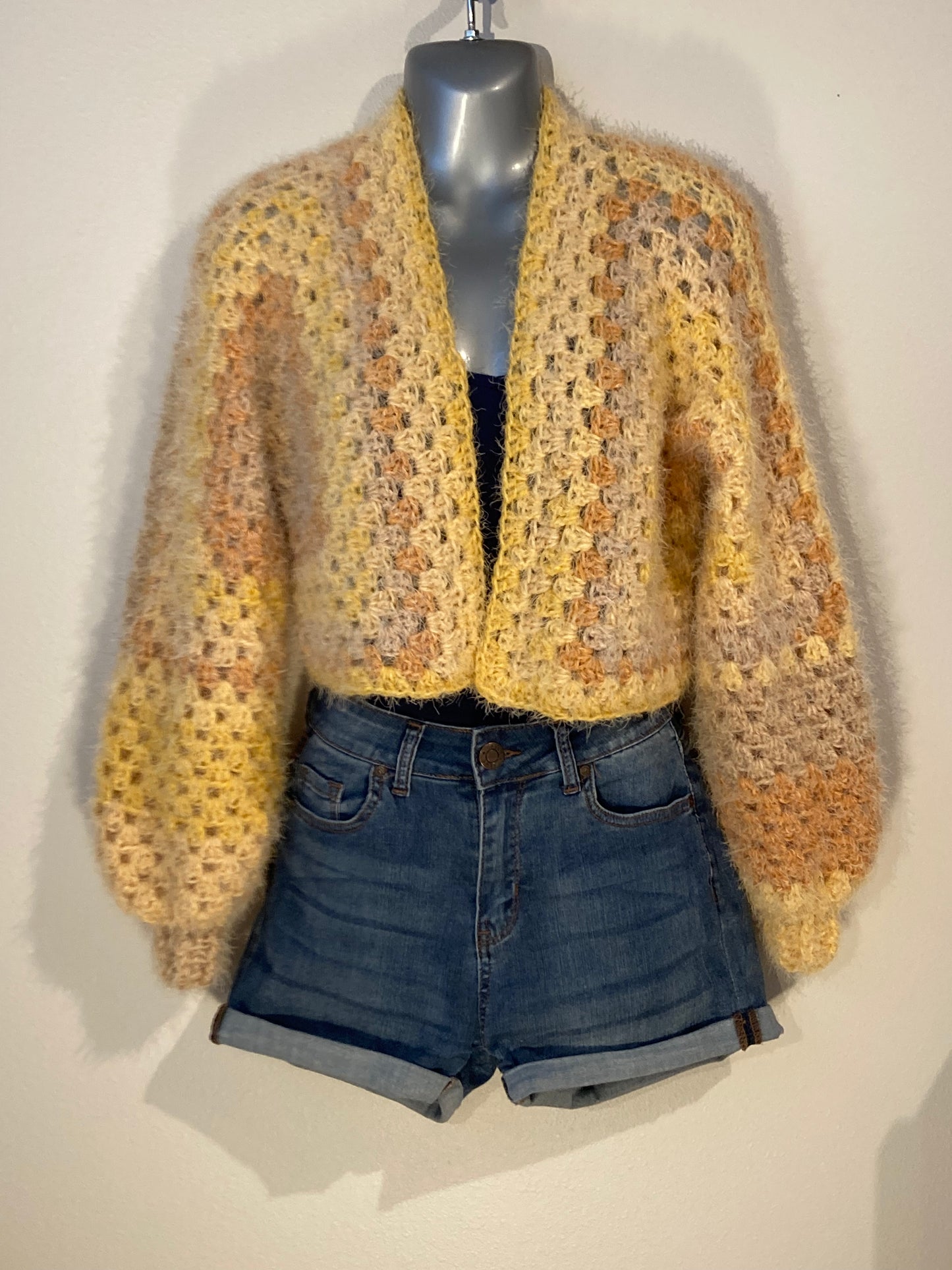 Hand Crocheted Super Soft Fuzzy Lemon and Yellow Shades Cropped Hexagon Cardigan