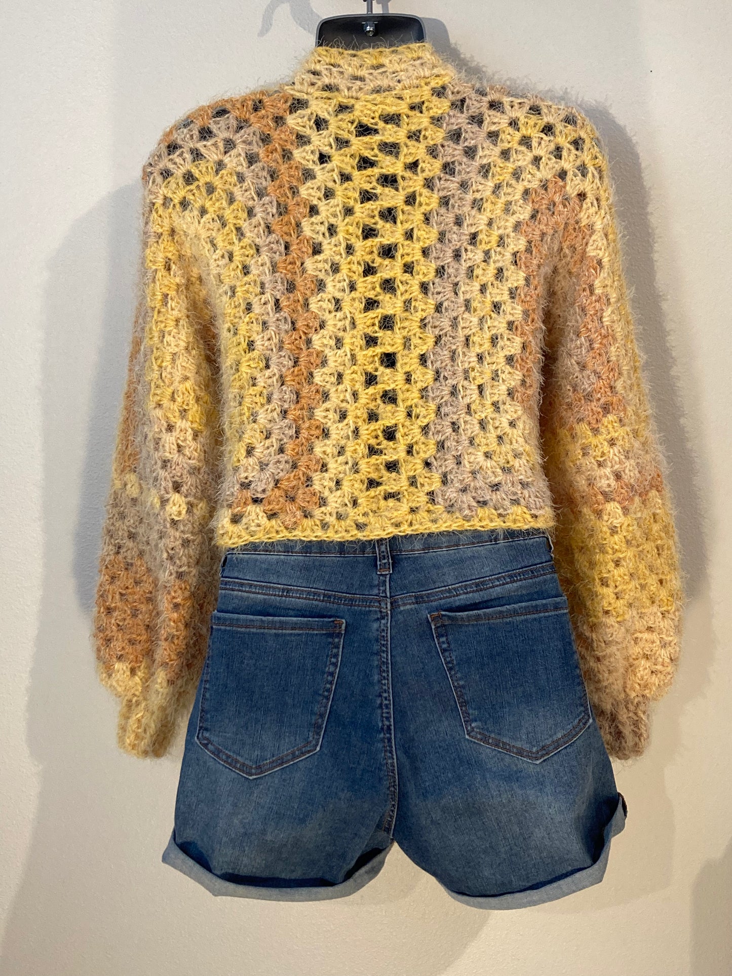 Hand Crocheted Super Soft Fuzzy Lemon and Yellow Shades Cropped Hexagon Cardigan