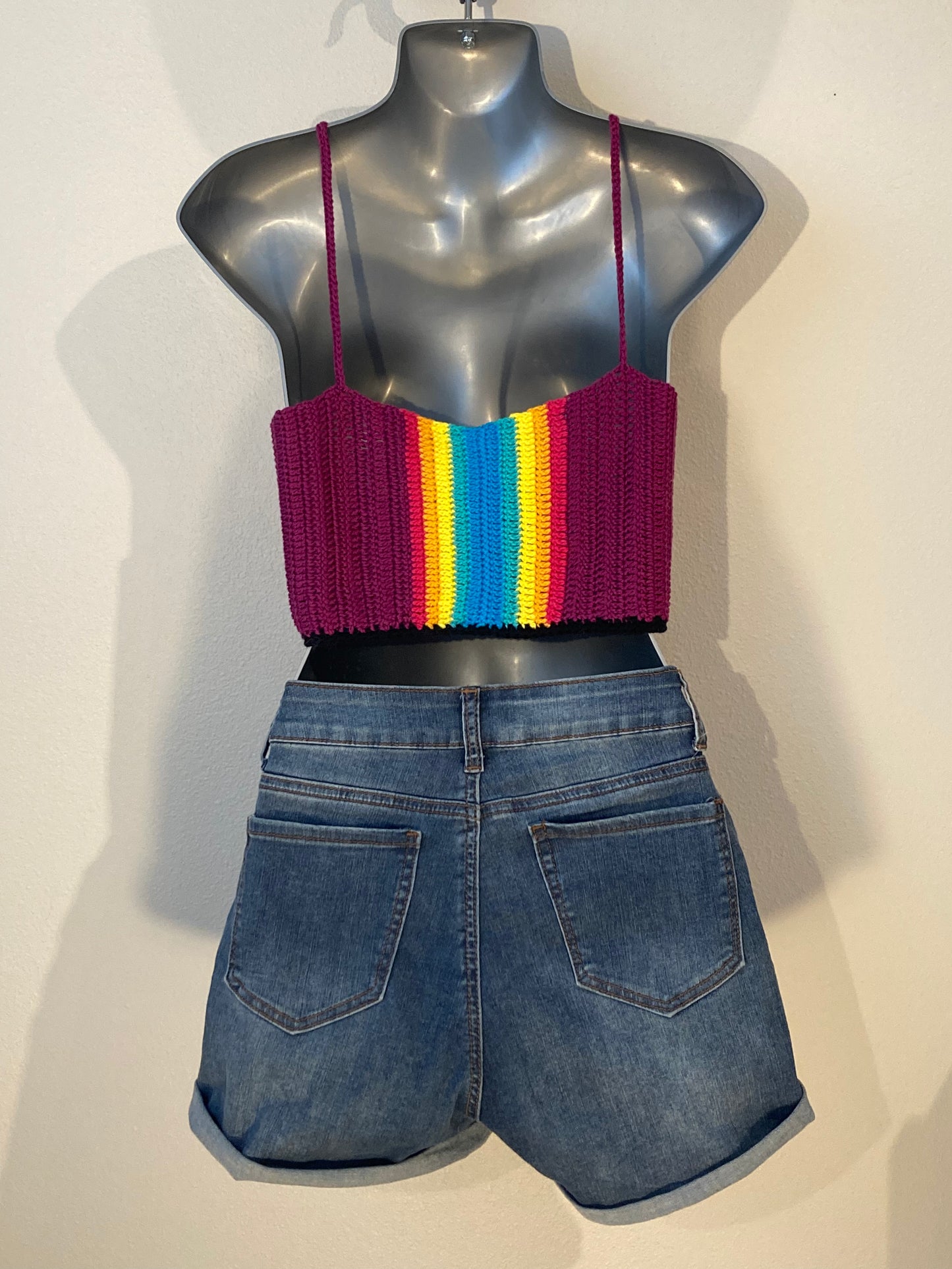 Hand Crocheted Trippy Lustrous Jewel Tone Rainbow Cropped Tank Top in 100% Cotton