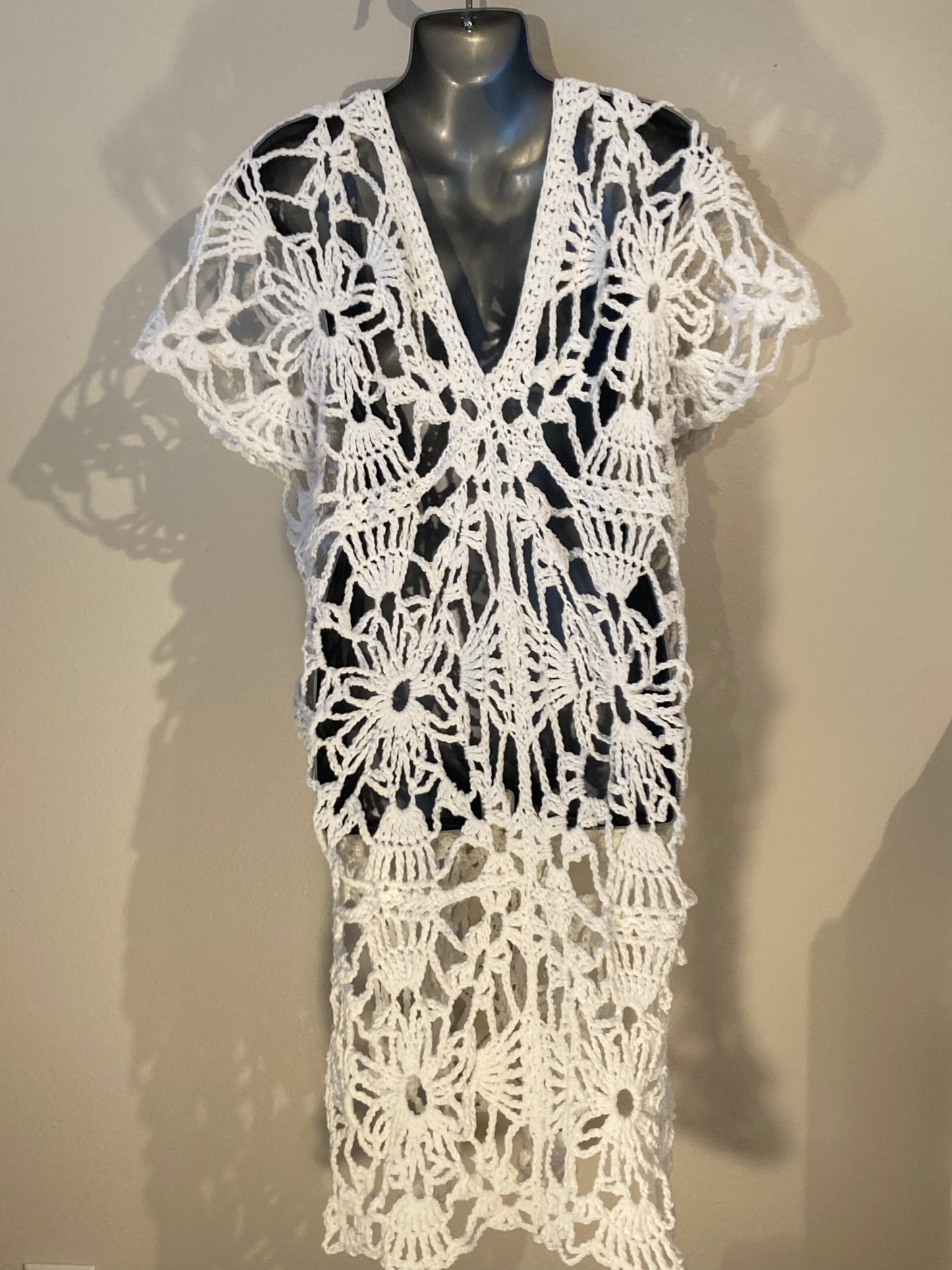 Hand Crocheted Open Lace Pattern Coverup or Dress in White 100% Cotton Yarn