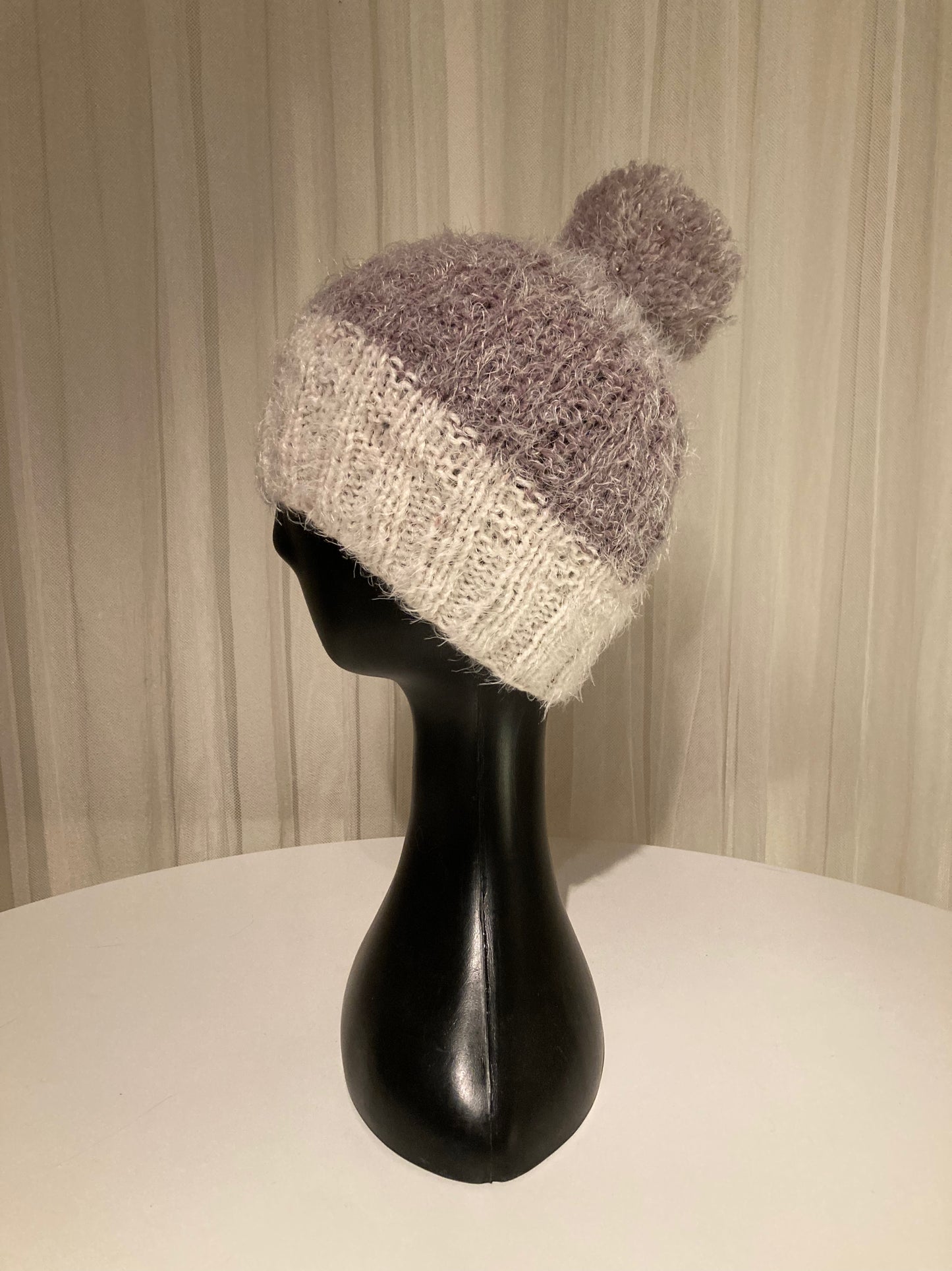 Handknitted Beanie in Super Soft Fuzzy Muted Cream, Plum and Lavender