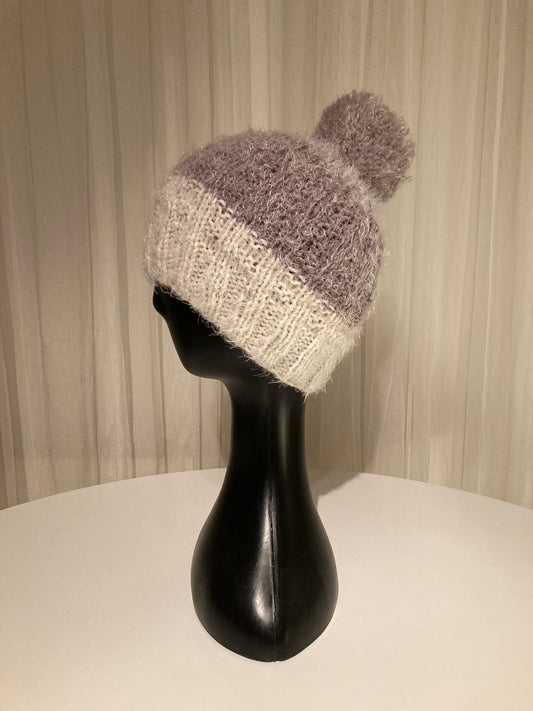 Handknitted Beanie in Super Soft Fuzzy Muted Cream, Plum and Lavender