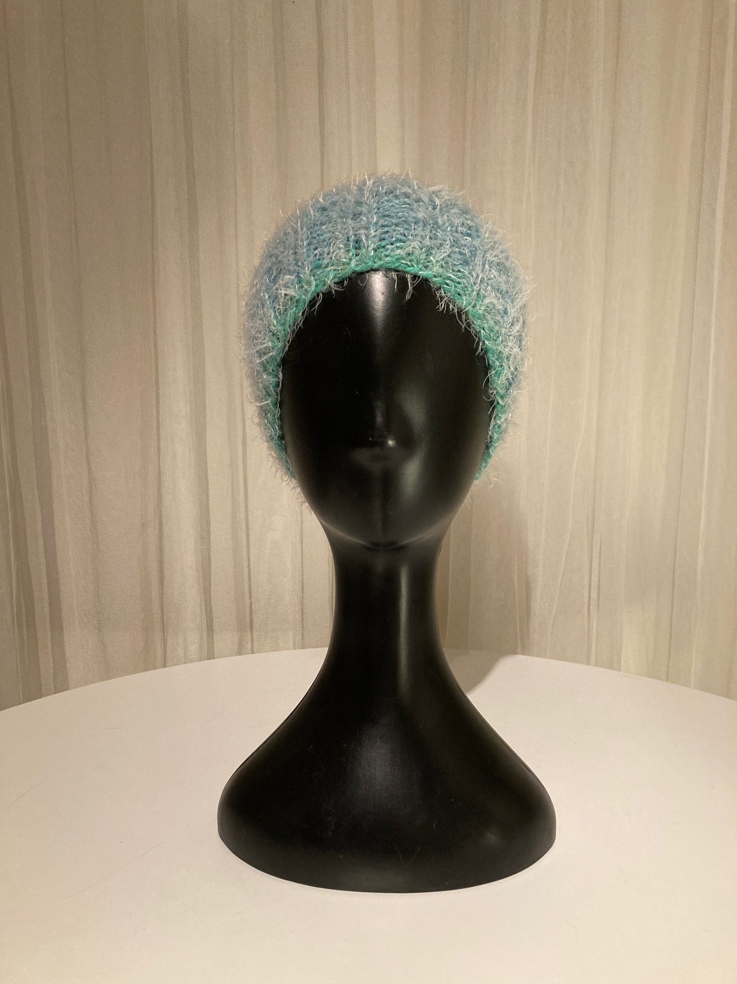 Handknitted Beanie in Super Soft Fuzzy Jewel-tone Shades of Medium Blue, Cyan and Green
