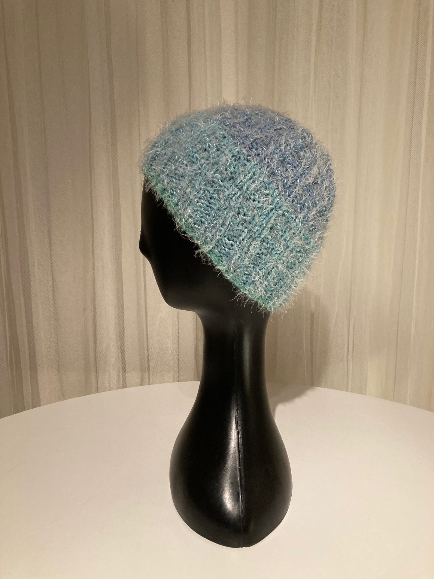 Handknitted Beanie in Super Soft Fuzzy Jewel-tone Shades of Medium Blue, Cyan and Green
