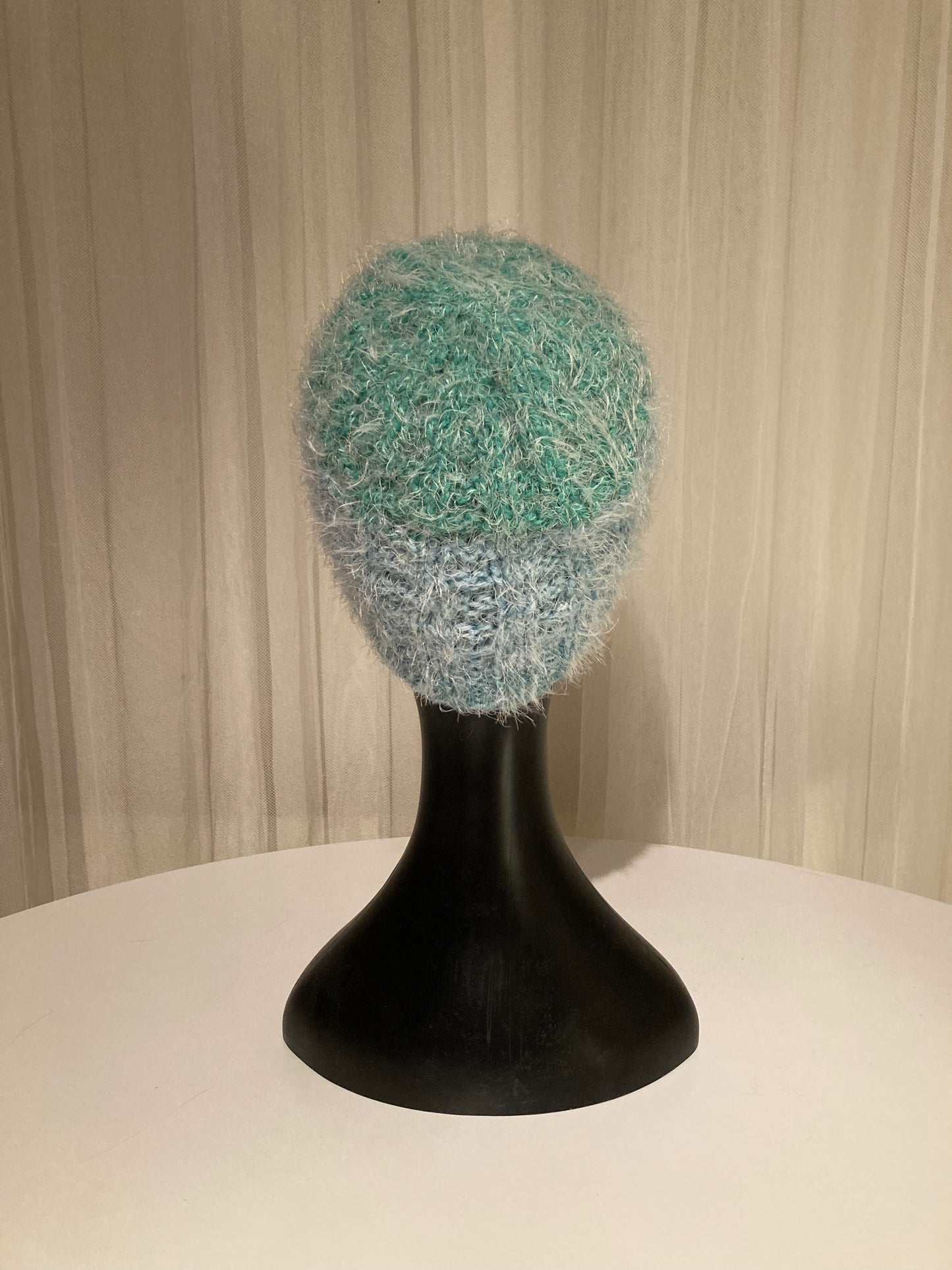 Handknitted Beanie in Super Soft Fuzzy Jewel-tone Shades of Light Blue, Cyan and Green