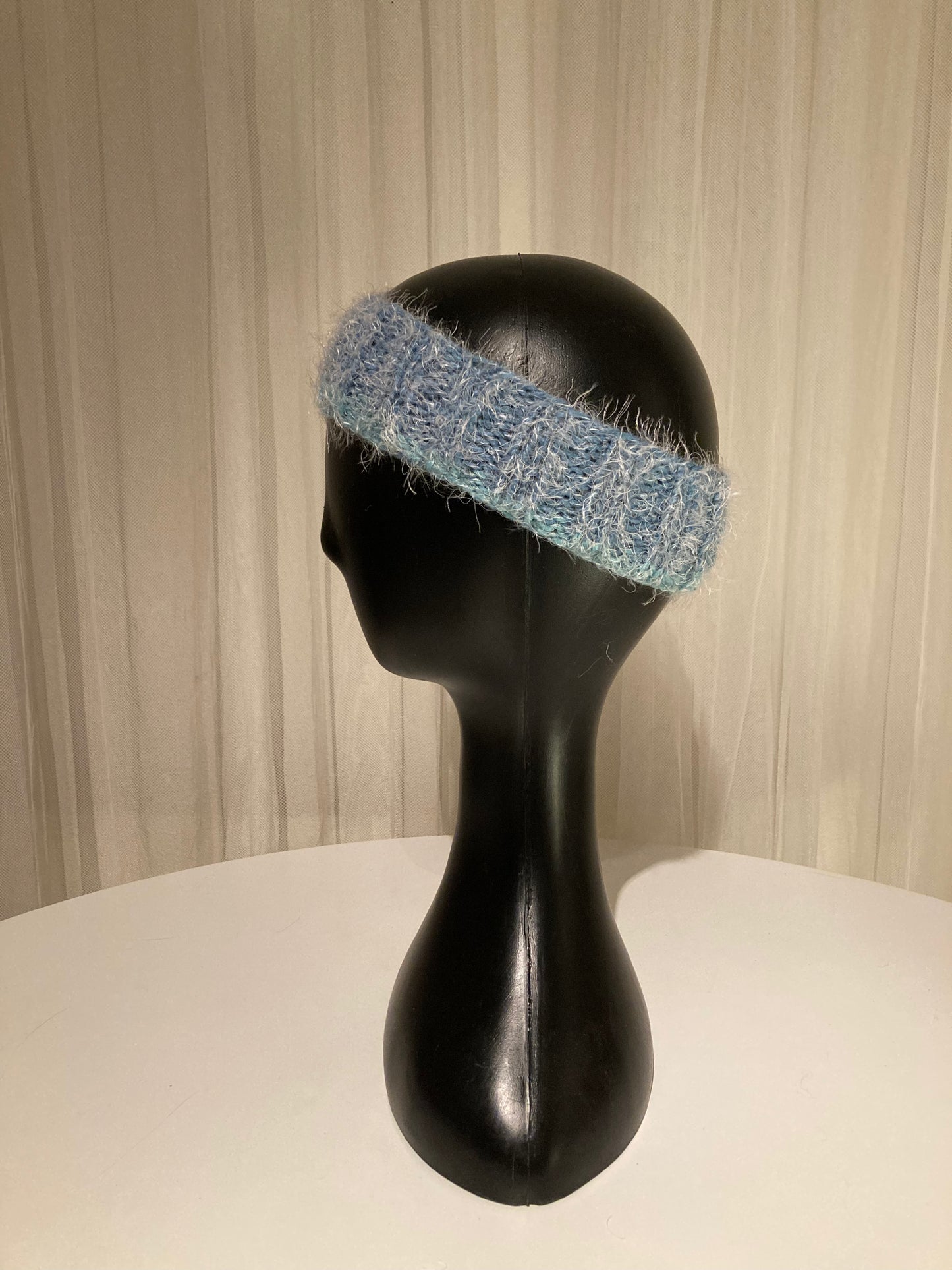 Handknitted Headband in Super Soft Fuzzy Bright Shades of Teal and Medium Blue