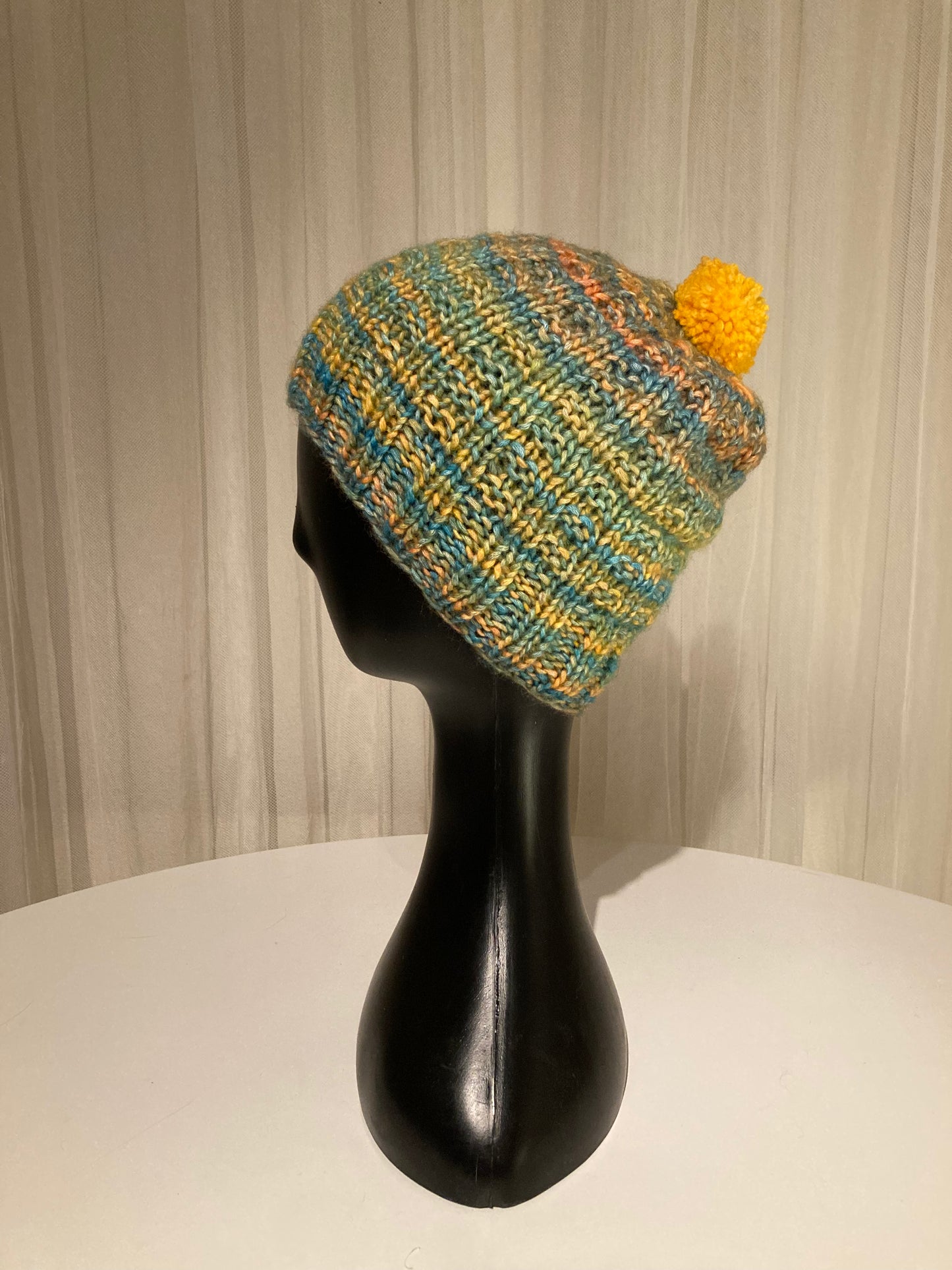 Handknitted Beanie in Bright Gold, Orange and Teal Shades #2