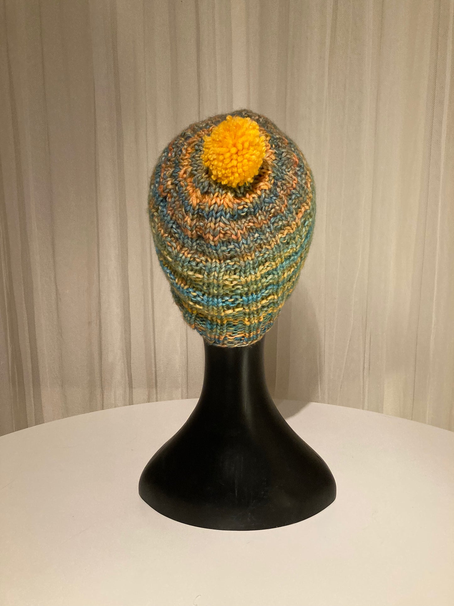 Handknitted Beanie in Bright Gold, Orange and Teal Shades #2
