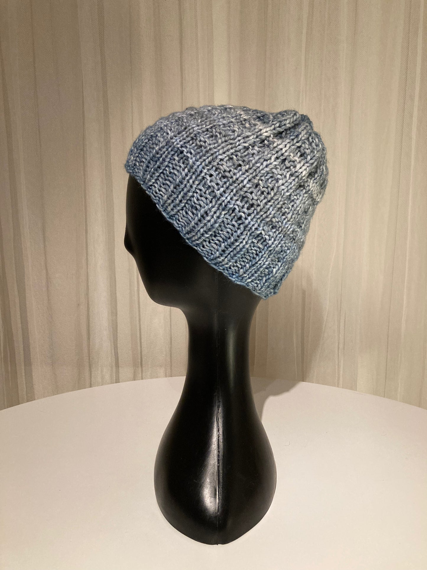 Handknitted Beanie in Lovely Dappled Cool Blue Neutral Shades