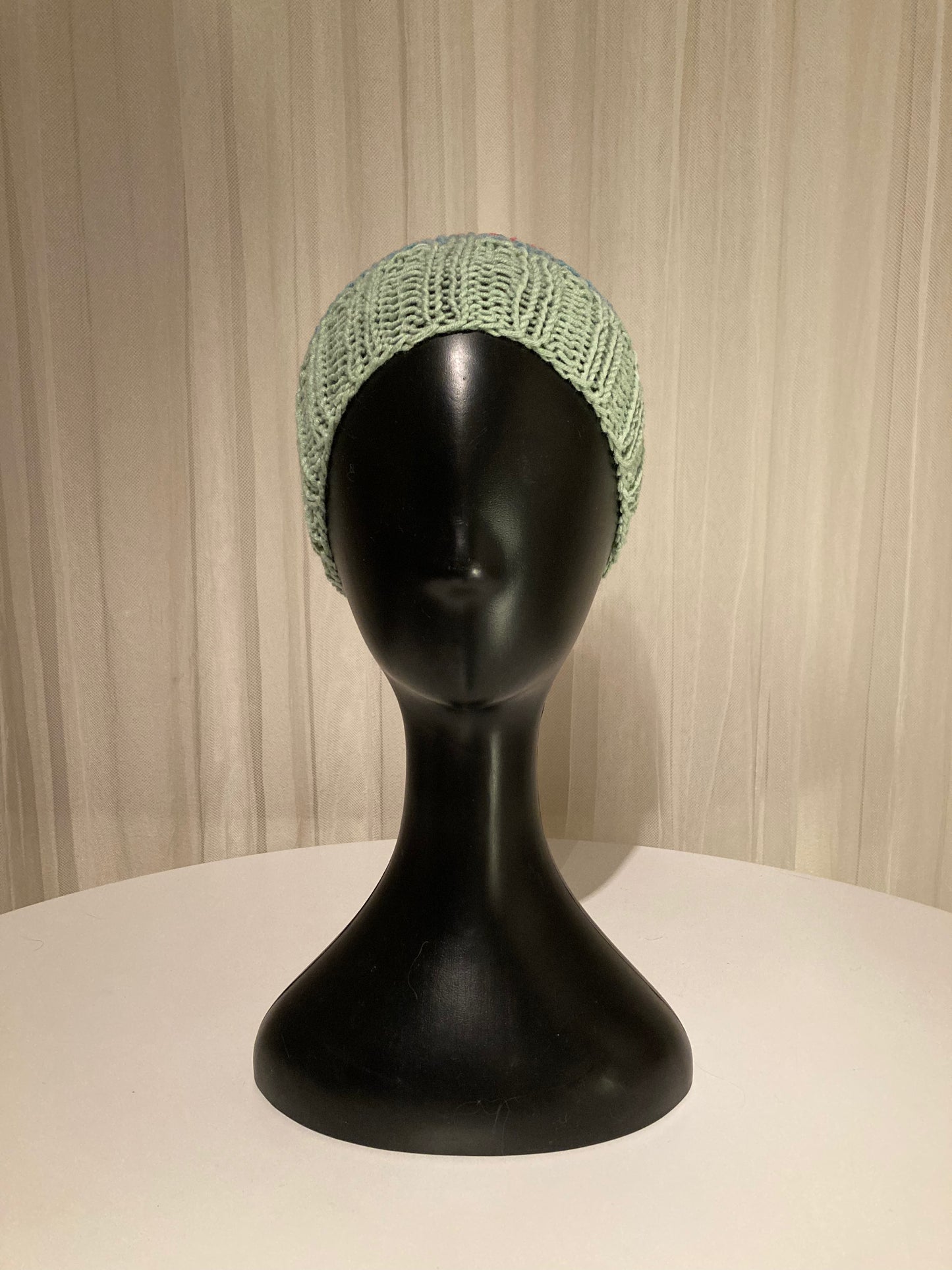 Handknitted Headband with Seafoam Green, Blue and Coral