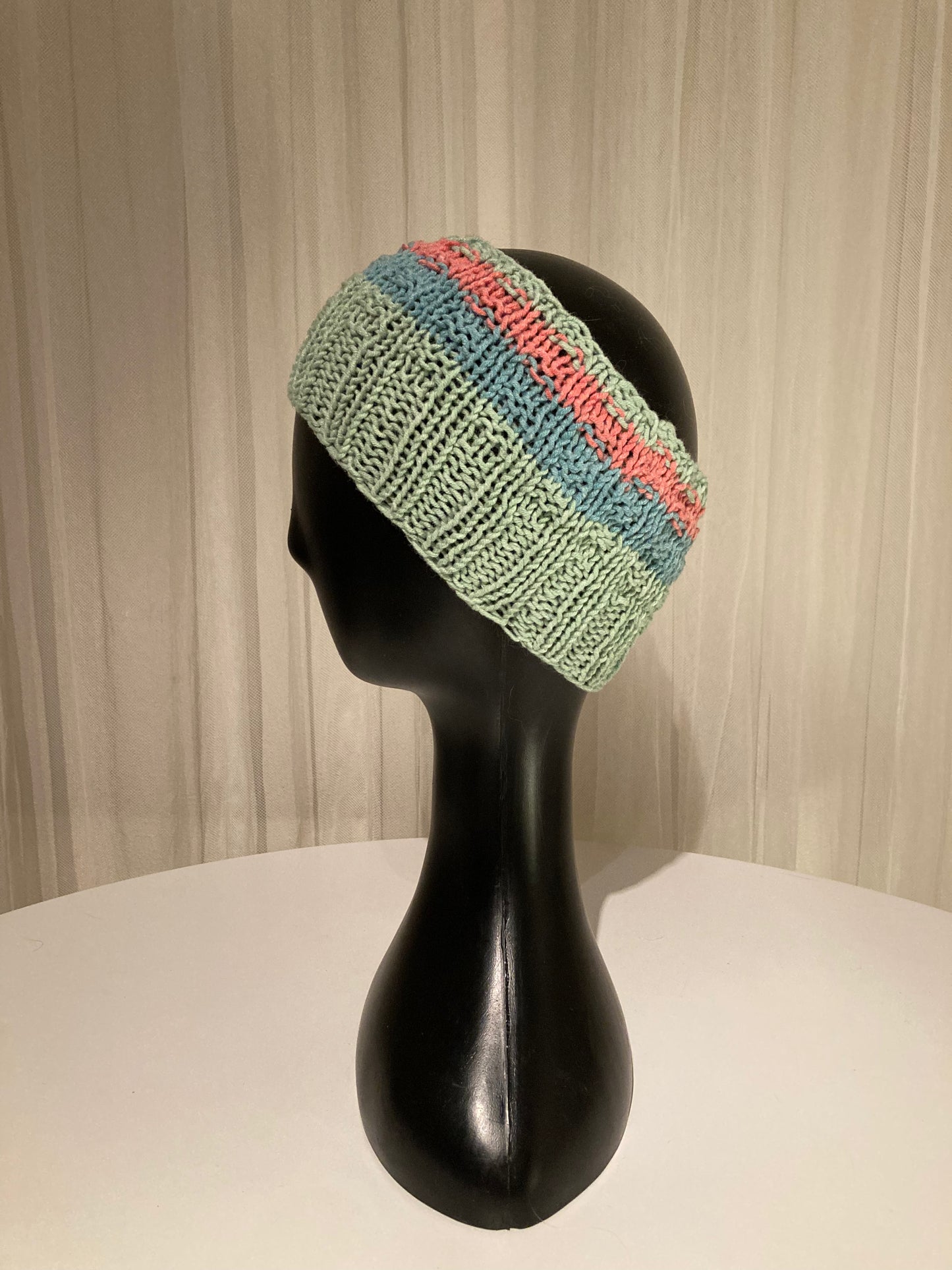 Handknitted Headband with Seafoam Green, Blue and Coral