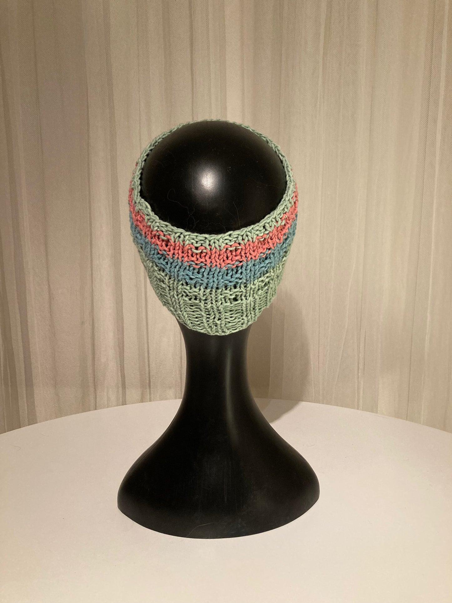Handknitted Headband with Seafoam Green, Blue and Coral