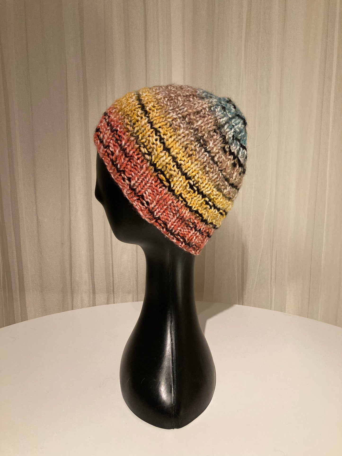 Handknitted Beanie with Retro Vibes Red Blue Yellow Stripes #4