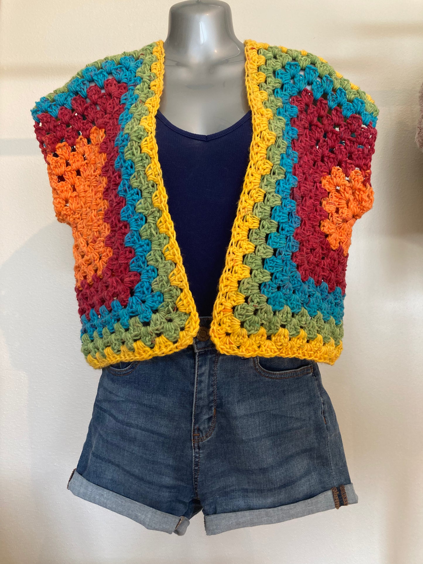 Hand Crocheted Bright Bold Primary Color Rainbow Cropped Vest